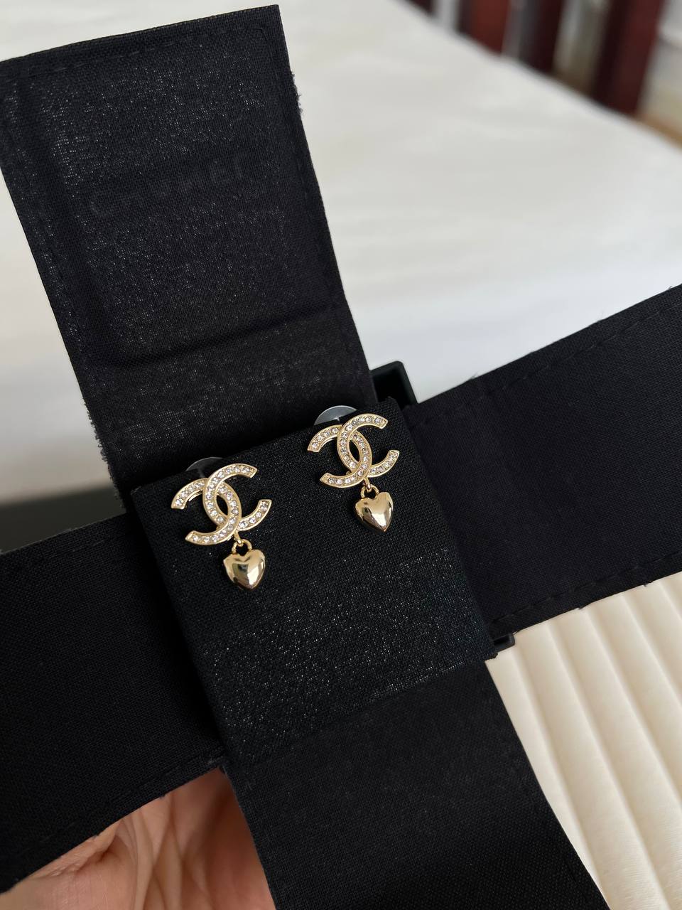 Chanel Crystal Interlocking CC Heart Drop Earrings
