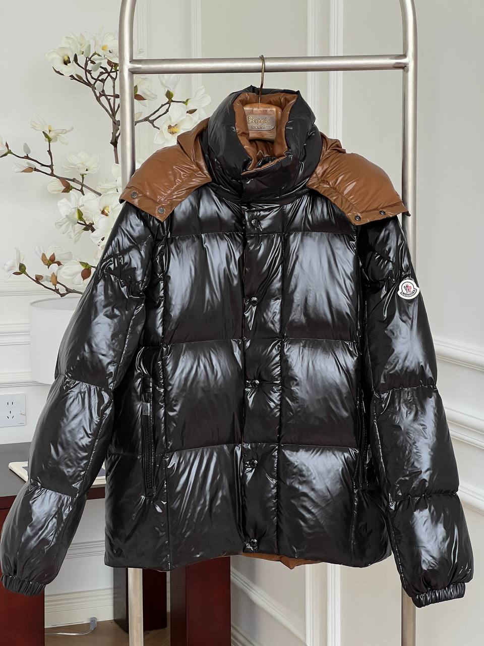 Moncler Black Shiny Nylon Contrast Brown Lining Detachable Hood Down Jacket