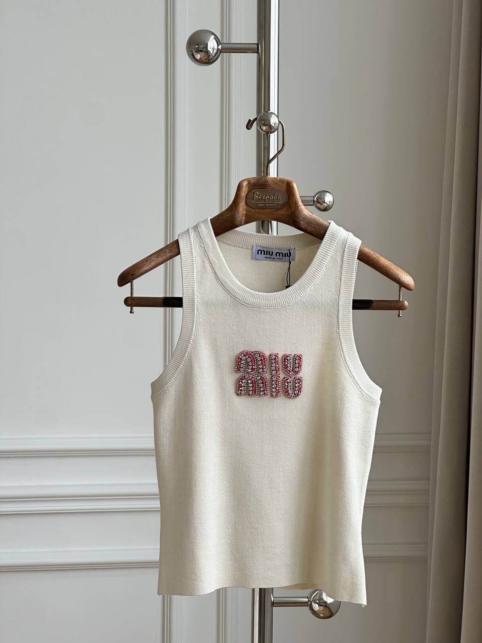 Miu Miu Off White Crew Neck Rib Knit Tank Top With Pink Crystal Logo