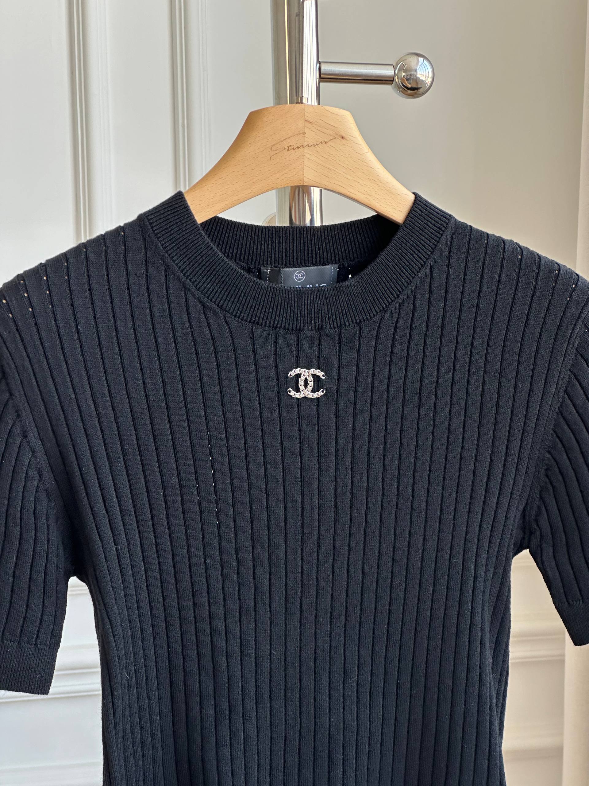 Chanel Ribbed Knit T-Shirt with Crystal CC Logo