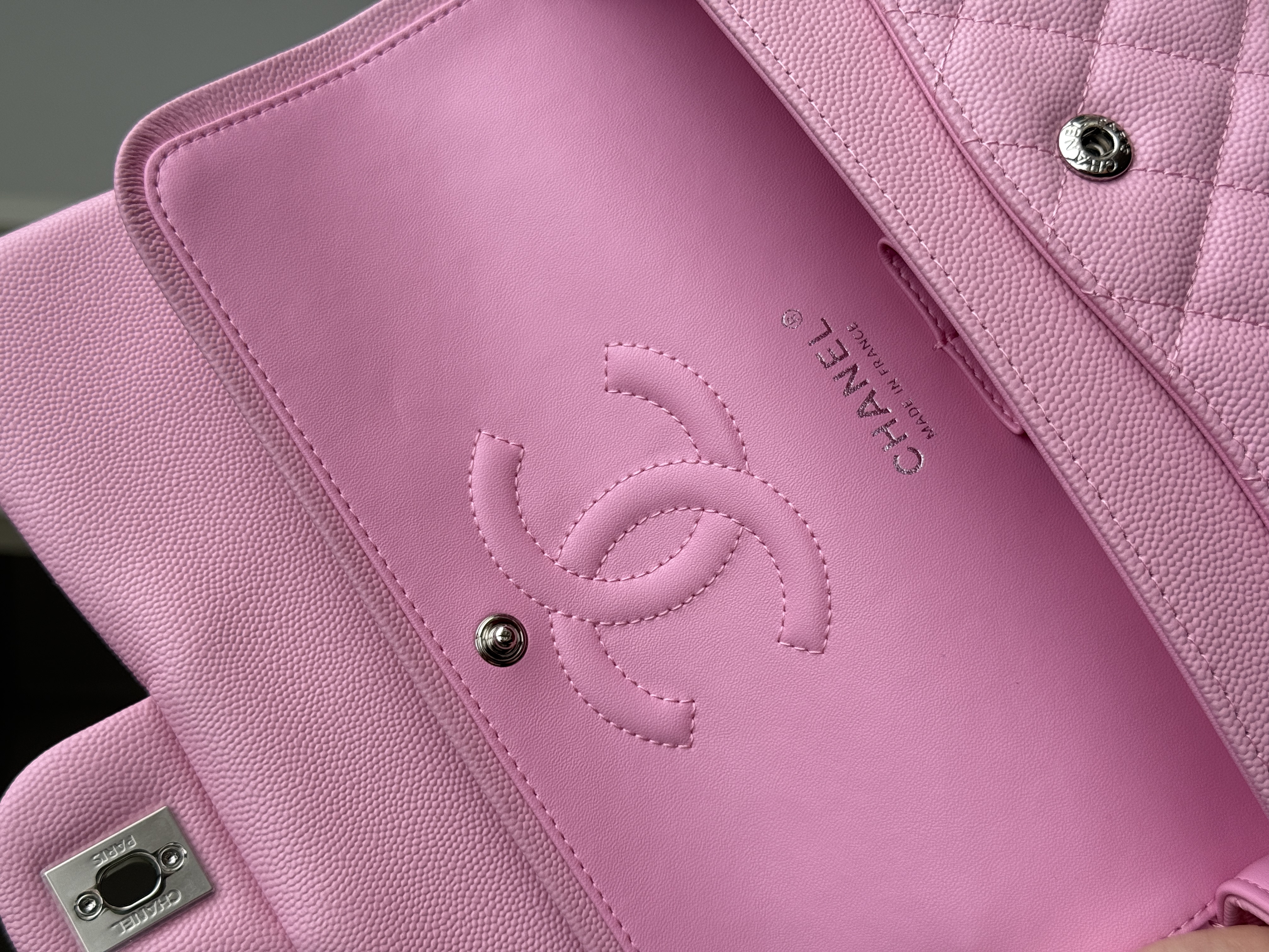 Chanel Sakura Pink Caviar Leather Medium Classic Flap Silver CC Chain Bag