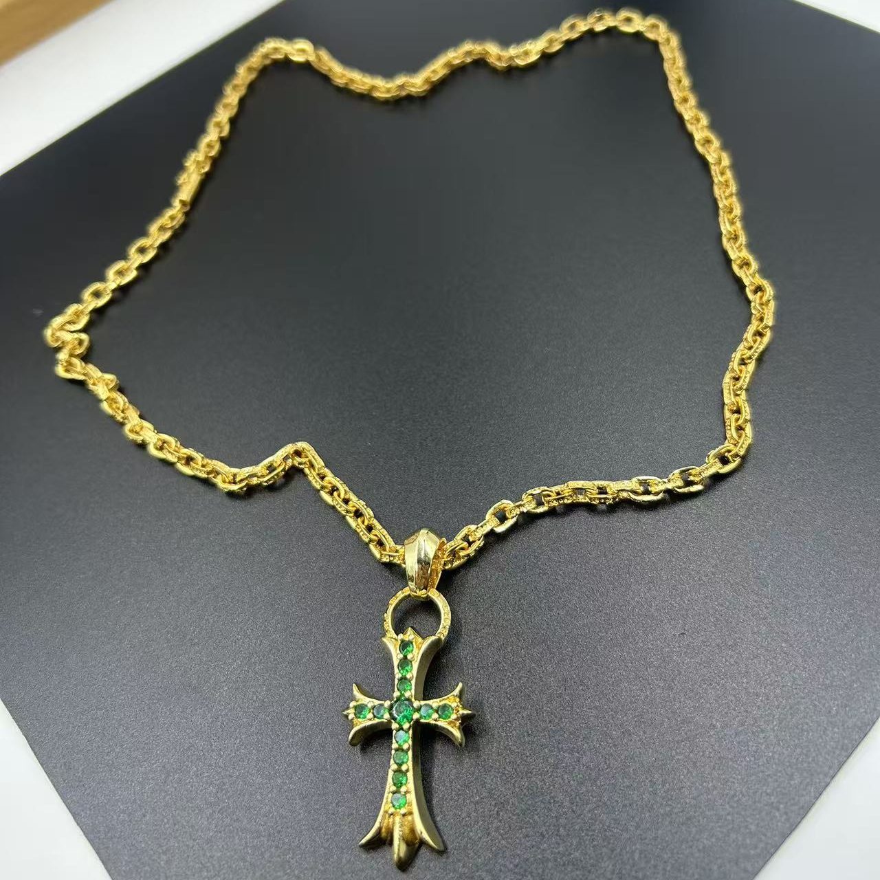 CHROME HEARTS 22K GOLD GREEN DIAMOND CROSS NECKLACE