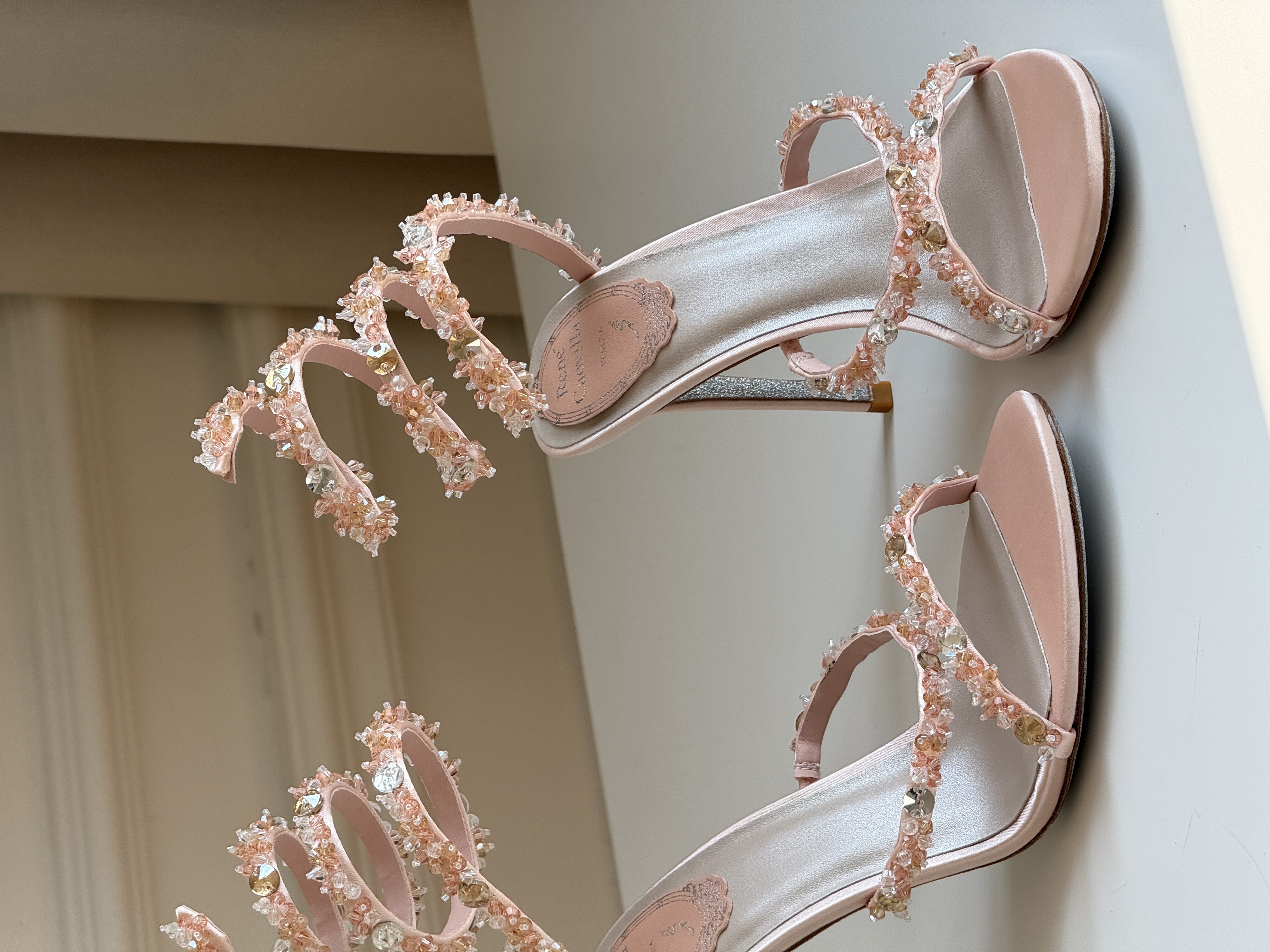 Nude Pink Spiral Ankle Wrap Hand-Beaded Crystal Open Toe Stiletto Sandals