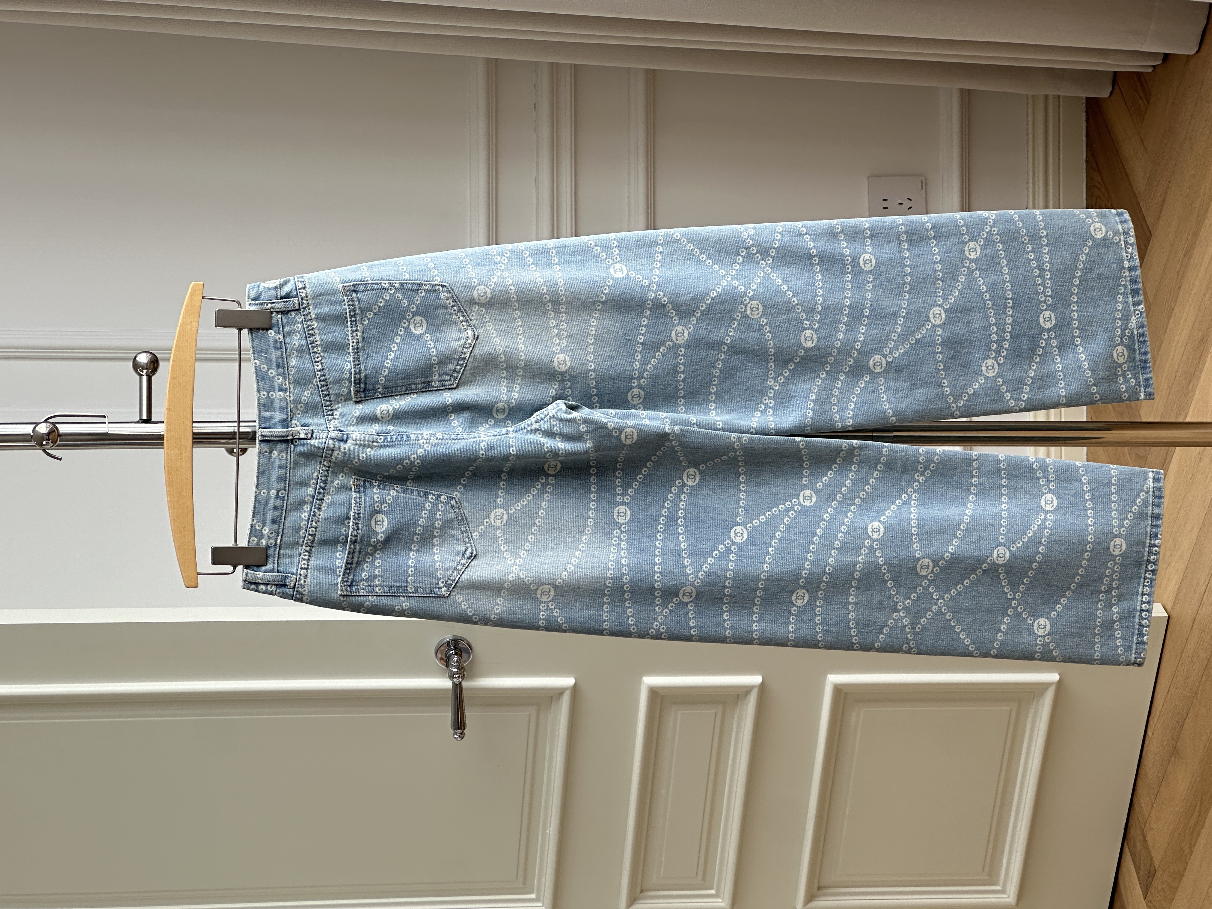 Chanel 25P Light Blue Pearl Chain Print Straight-Leg Jeans