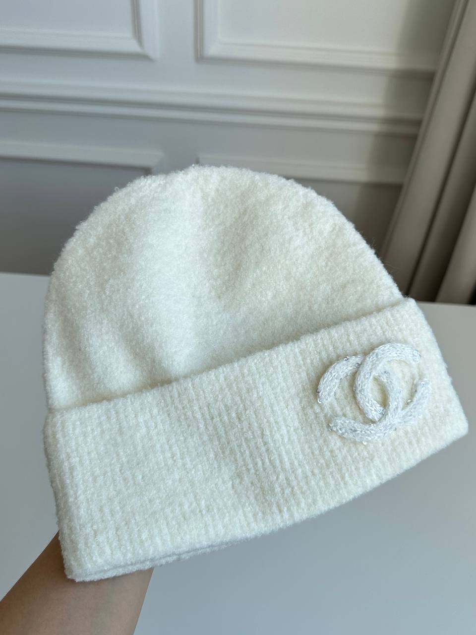 Chanel Cream White Fluffy Knit Beanie Hat With Rhinestone Interlocking CC Logo