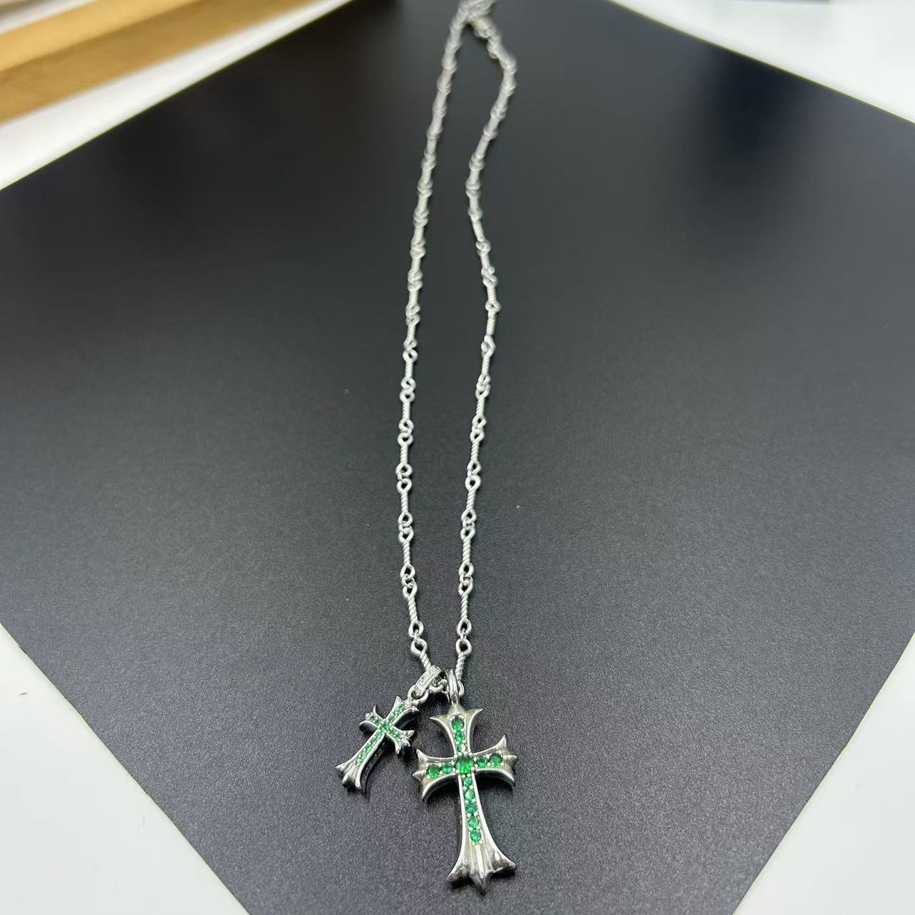 CHROME HEARTS GREEN DIAMOND DOUBLE CROSS LAYERED NECKLACE