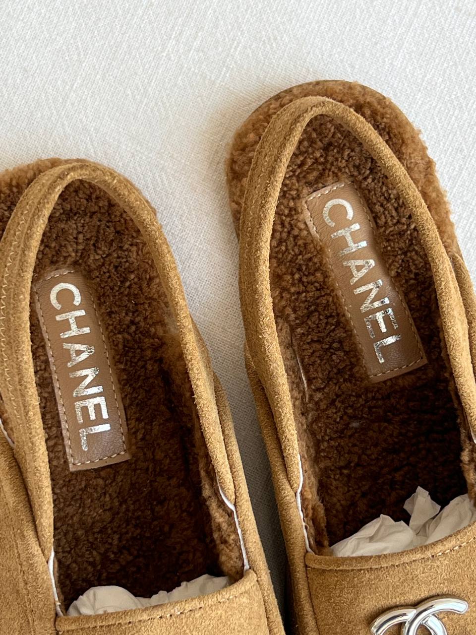 CHANEL Shearling Lined Suede Slingback Loafer Mules