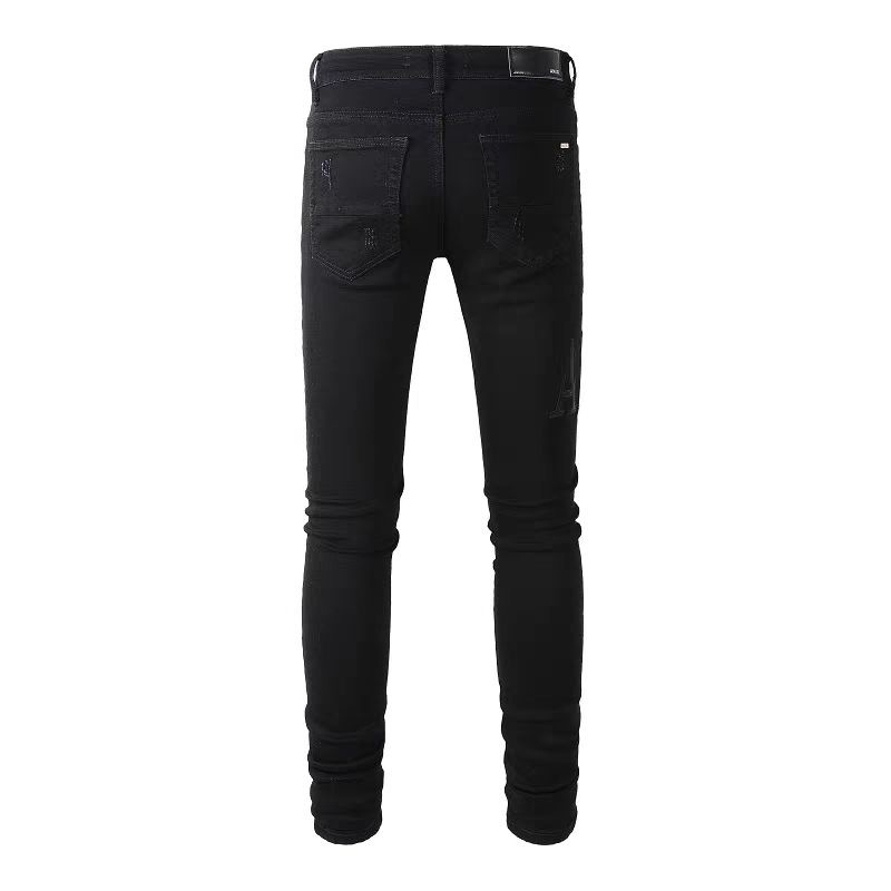 No. 892 Black Leather Letters Ripped Jeans Black
