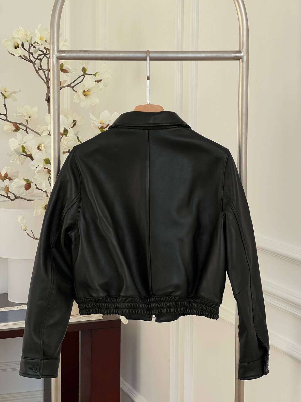 Miu Miu Black Collared Embossed Logo Cropped Lambskin Leather Jacket