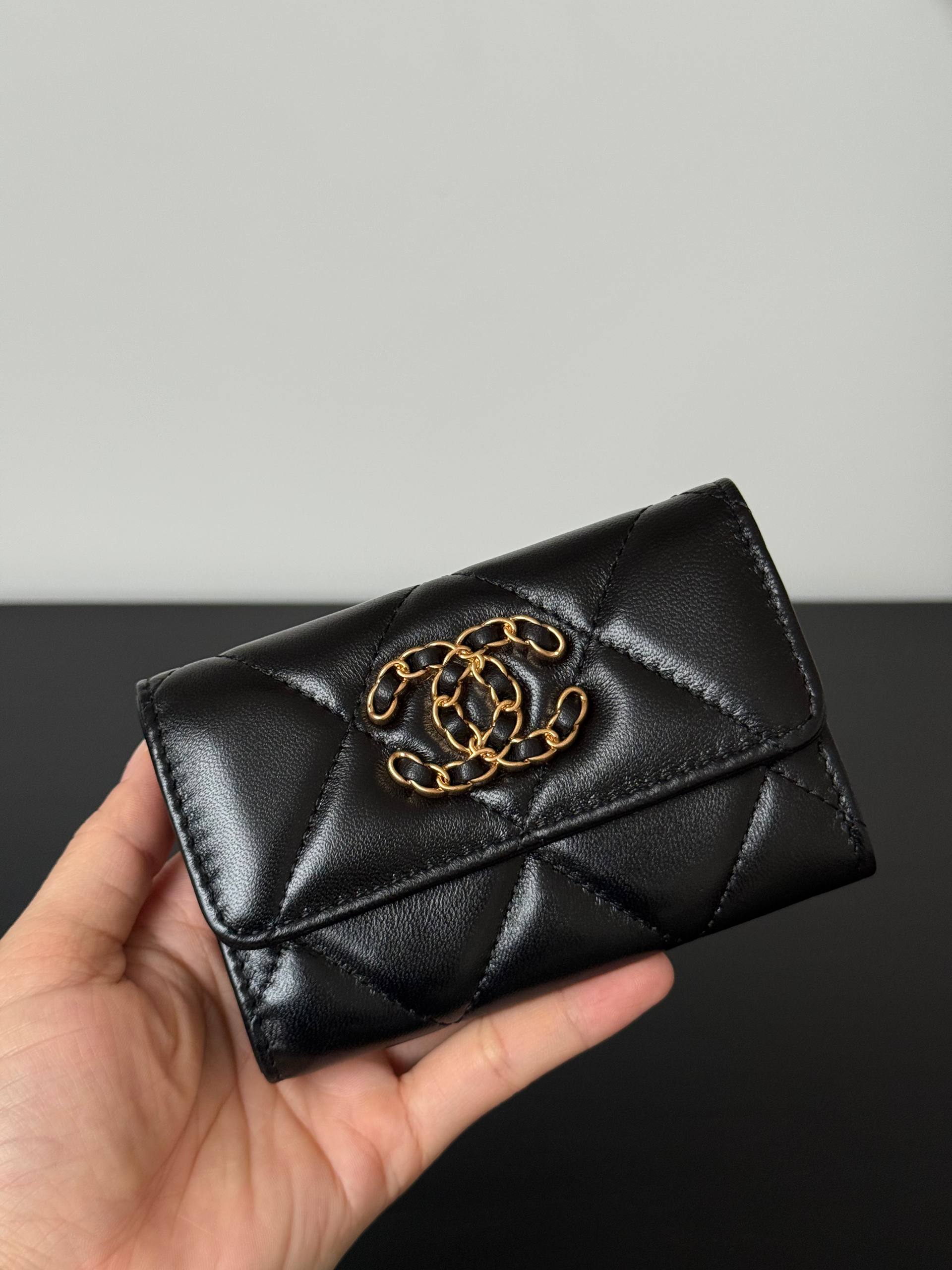 Chanel Quilted Lambskin Short Flap Card Holder With Chain CC Logo