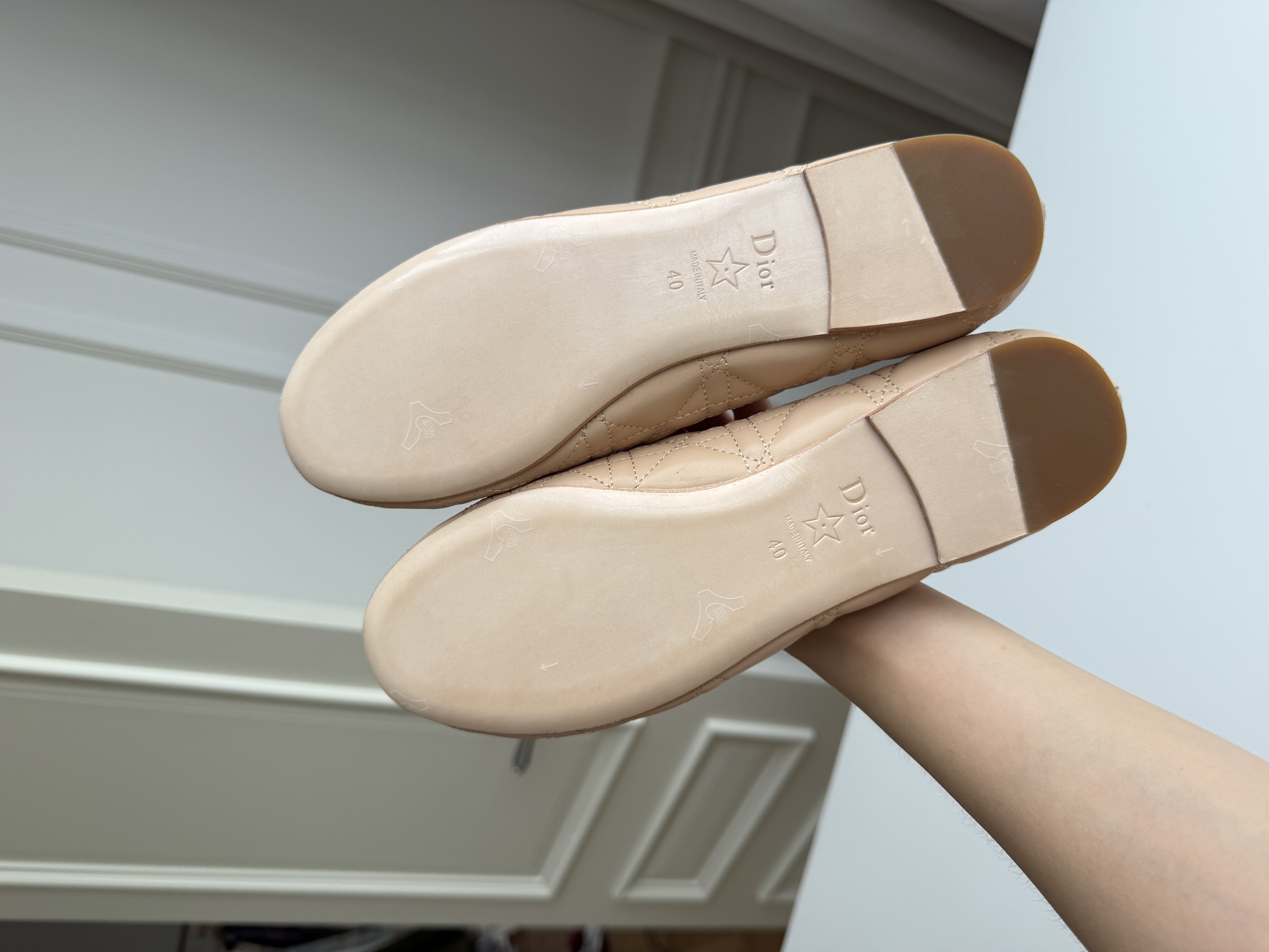 Nude Quilted Pearl Bow Flat Ballet Shoes