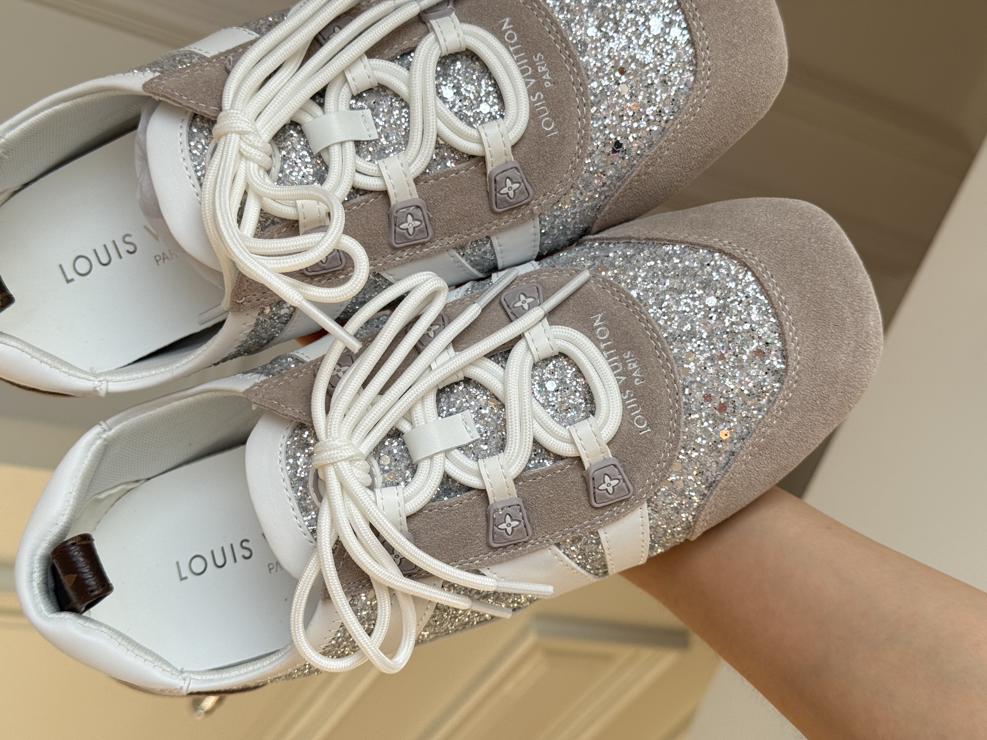 Louis Vuitton Silver Glitter & Suede Retro Low-top Sneakers