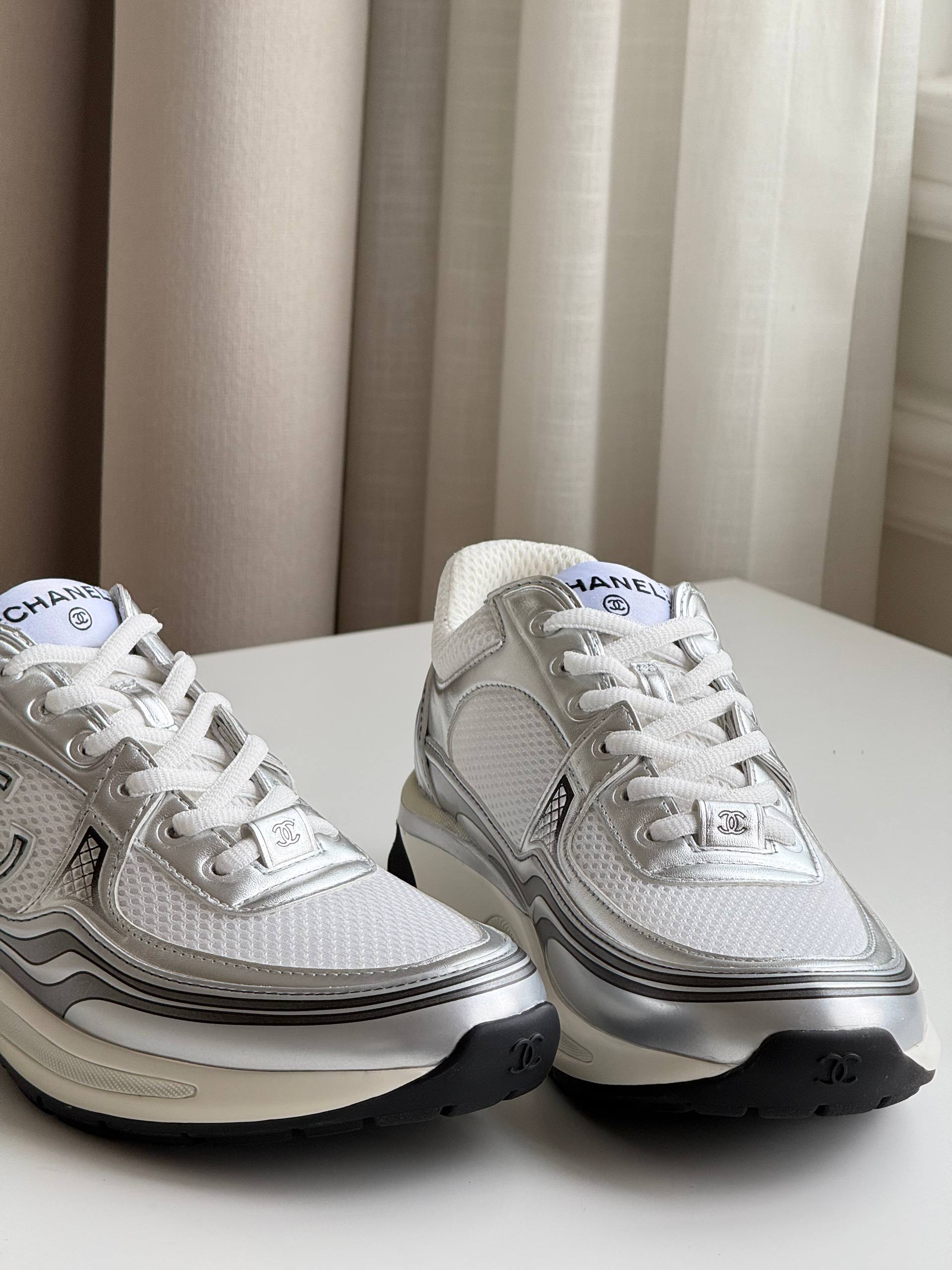 CHANEL Low-Top Sneakers in Mesh & Metallic Calfskin