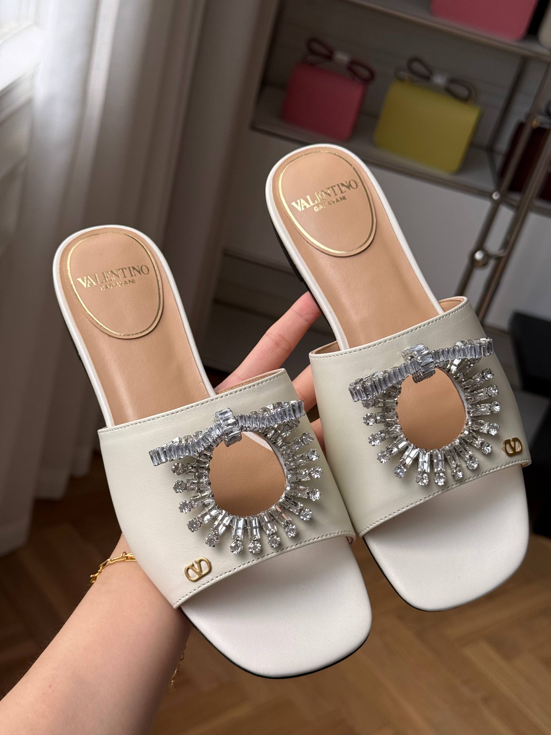 Valentino Crystal Sun Bow Flat Slide Sandals