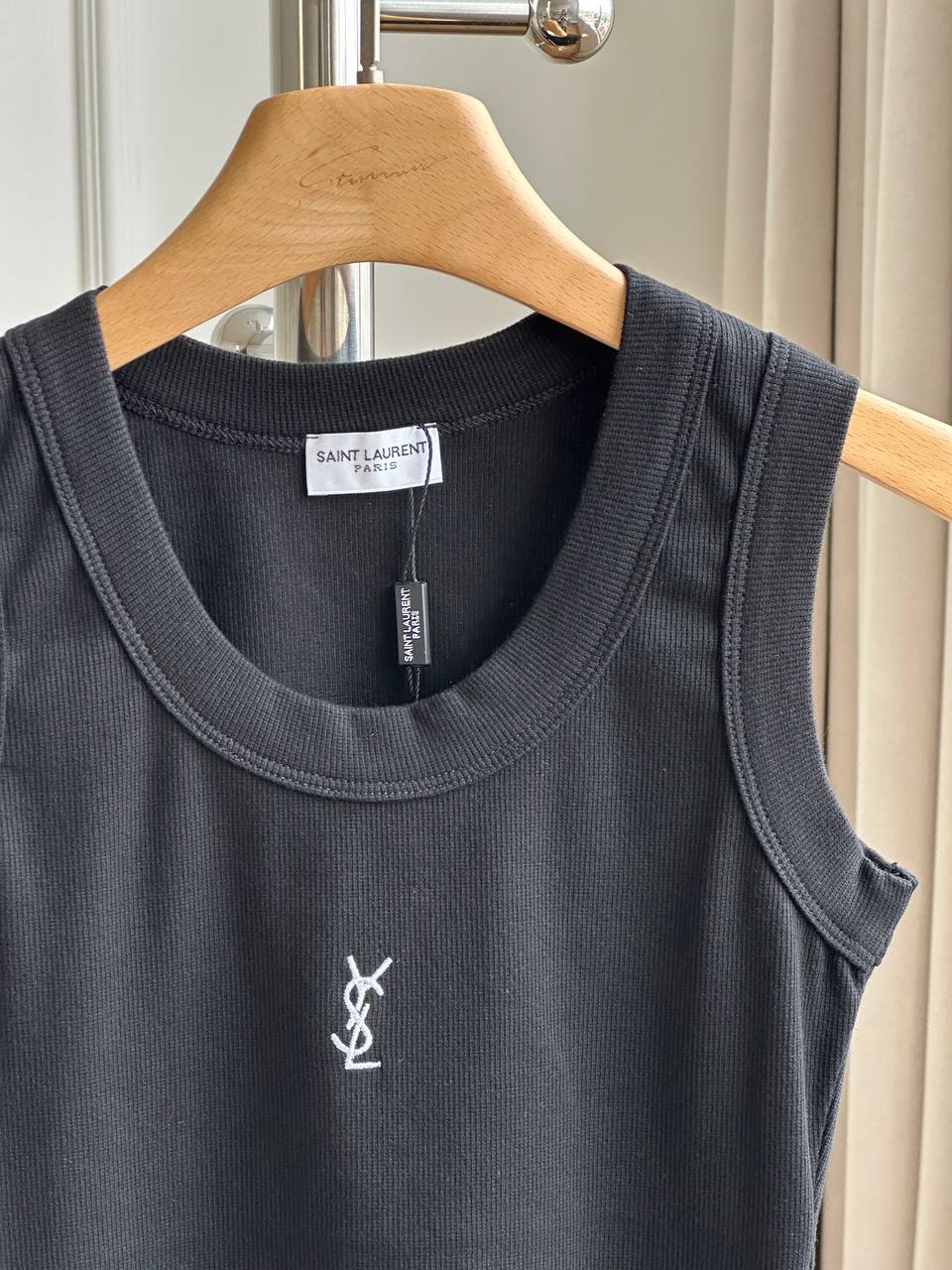 Saint Laurent Black Ribbed U-Neck Wide Strap Tank Top With White YSL Embroidery Logo