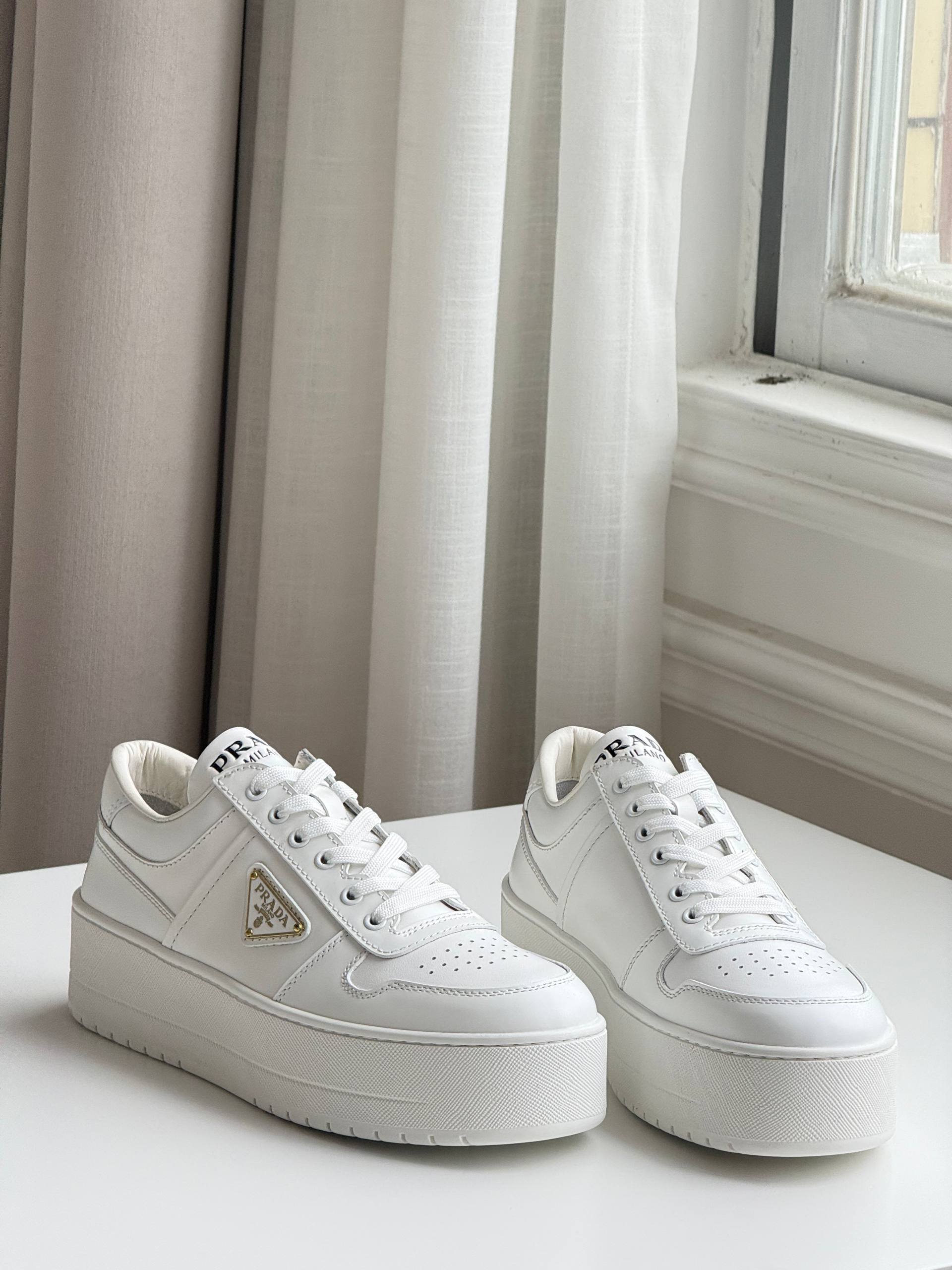 Prada Triangle Logo Platform White Leather Sneakers