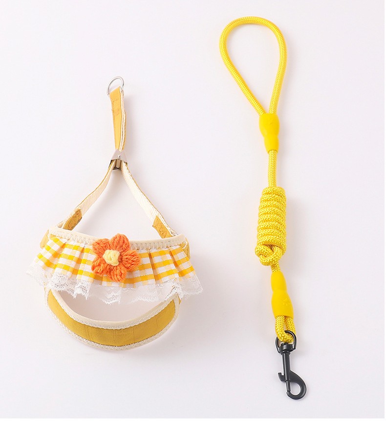 Gingham Lace Ruffle Dog Harness Leash Set Flower Decor Breathable No Pull Vest - MAISONKAIRON