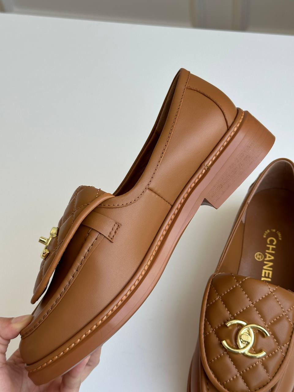 Chanel Caramel Brown Smooth Calfskin Quilted Flap Turn-Lock Gold CC Low-Heel Loafers