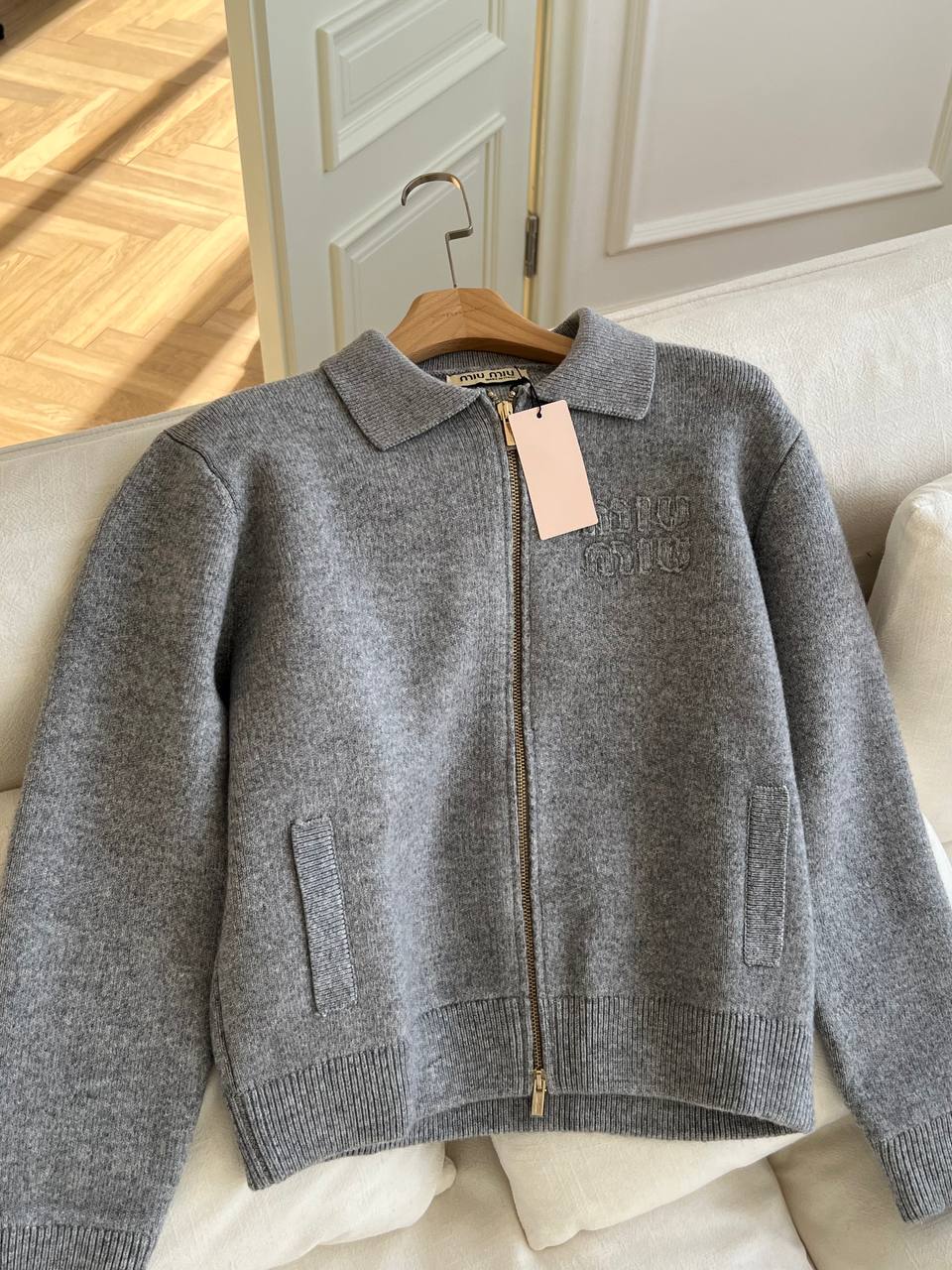 Miu Miu Grey Wool Polo Collar Zip Knit Cardigan Jacket
