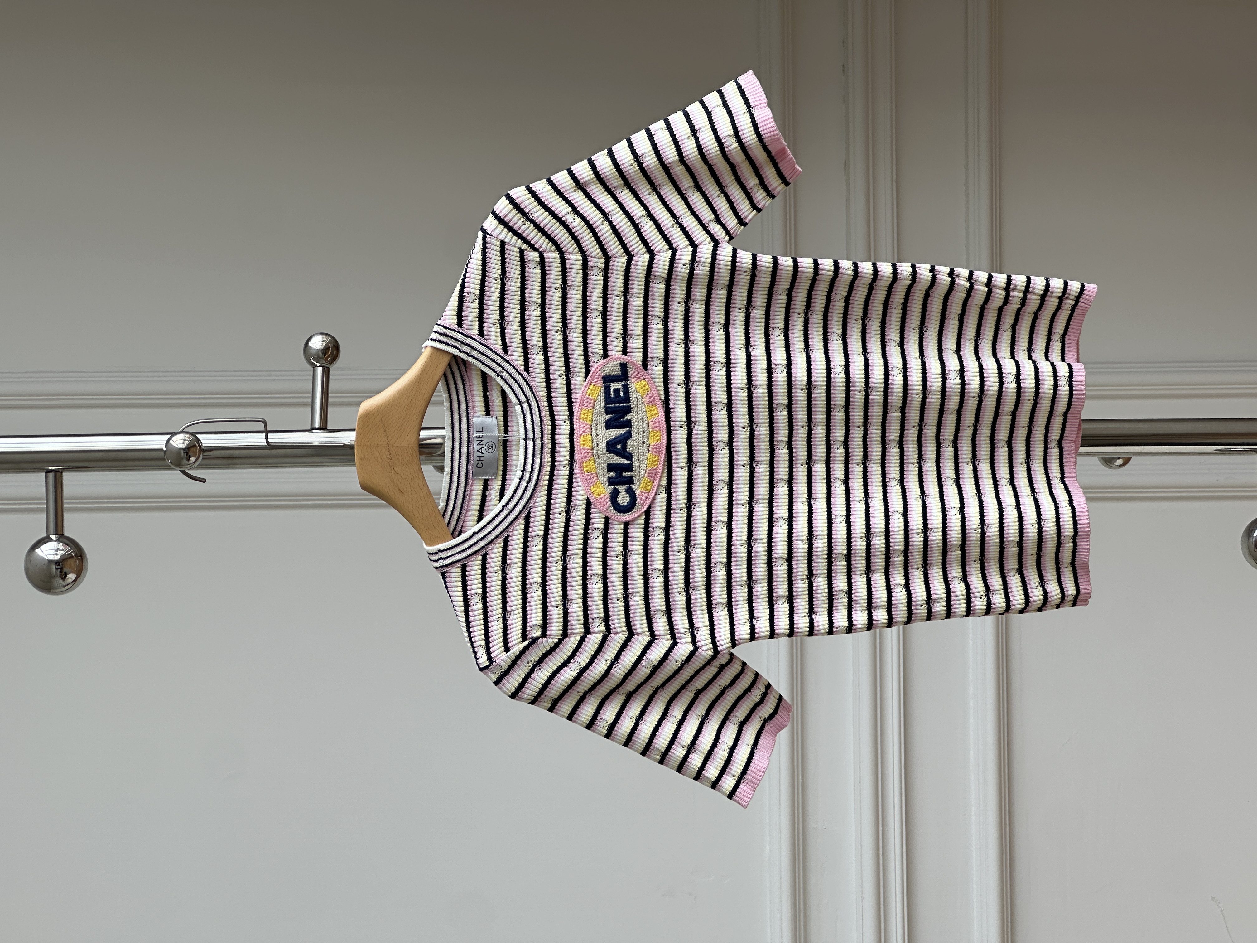 Chanel 25P Striped Knit Short-Sleeve Top with Logo Patch