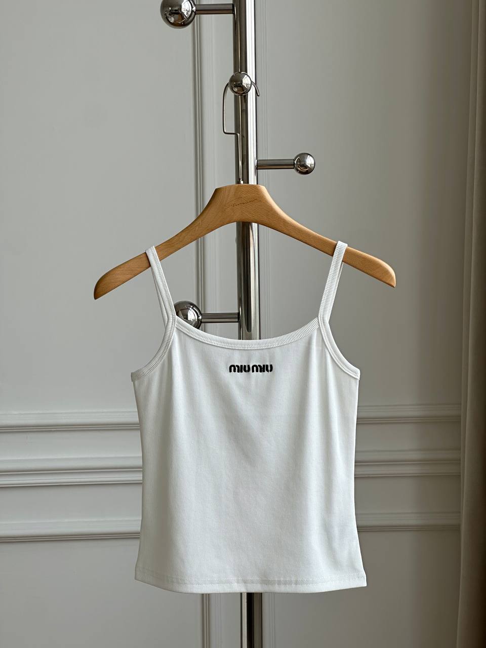 Miu Miu White Ribbed Knit U-Neck Thin Strap Tank Top With Black Embroidery Logo