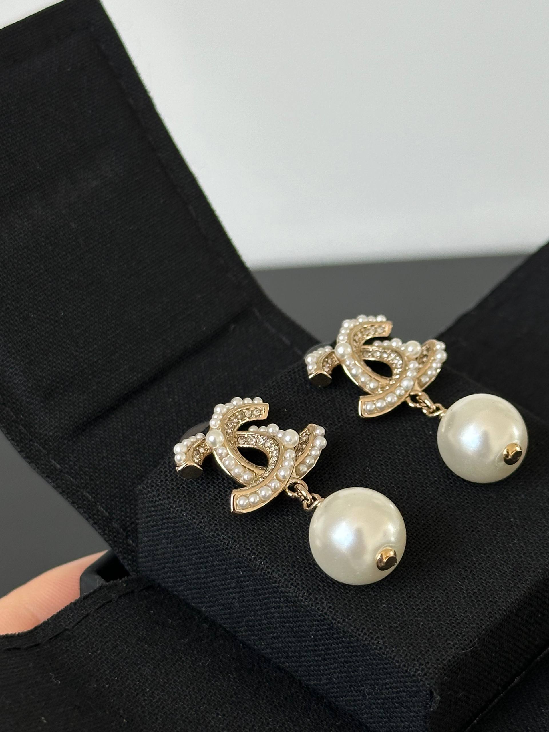 CHANEL CC Logo Crystal & Pearl Drop Earrings