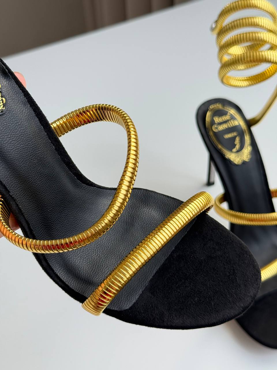 René Caovilla Cleo Gold Metallic Serpent Wrap-Around Stiletto Sandals