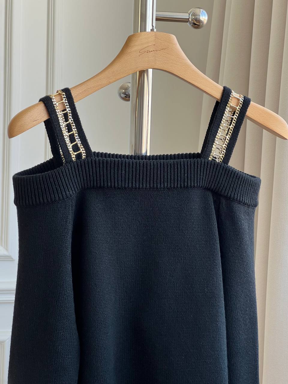 Chanel Chain-Trimmed Off-the-Shoulder Knit Top
