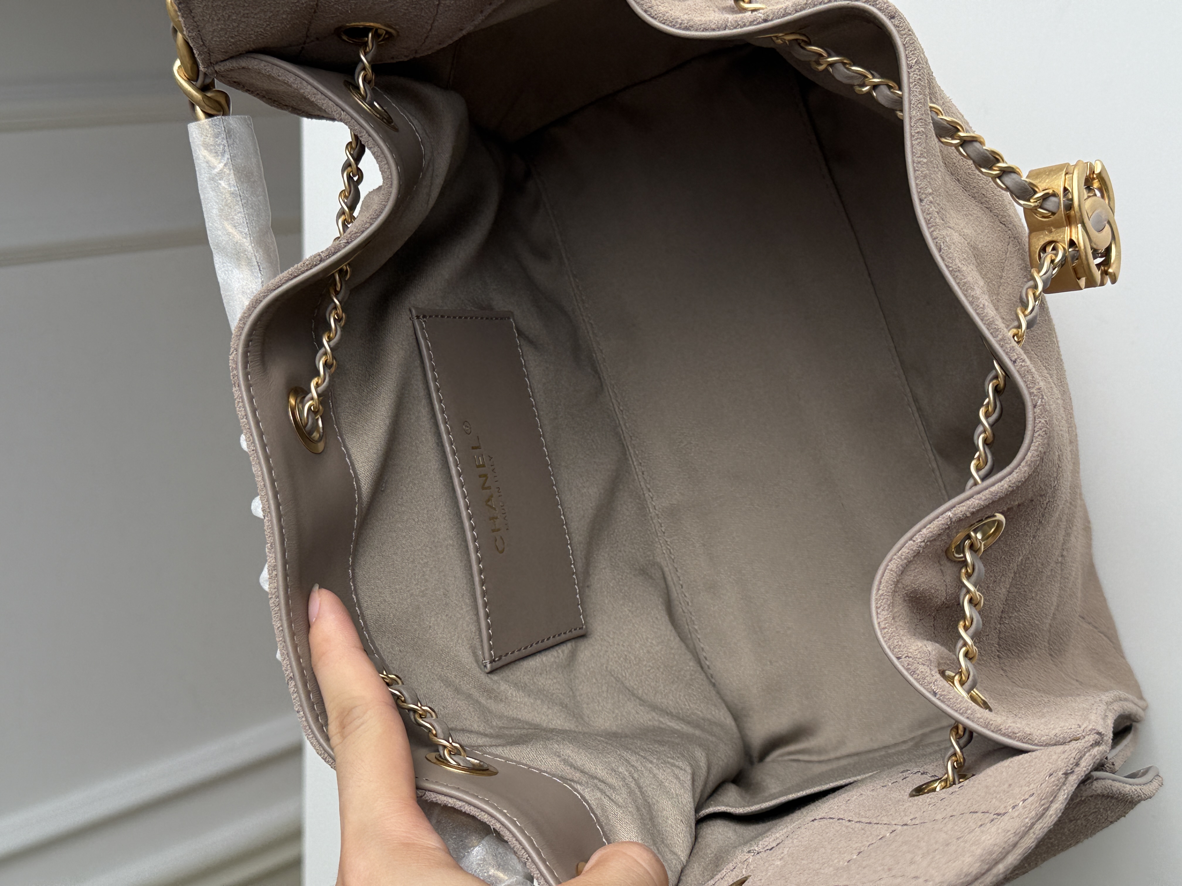 Chanel 25A Suede Quilted Drawstring Hobo Tote Bag