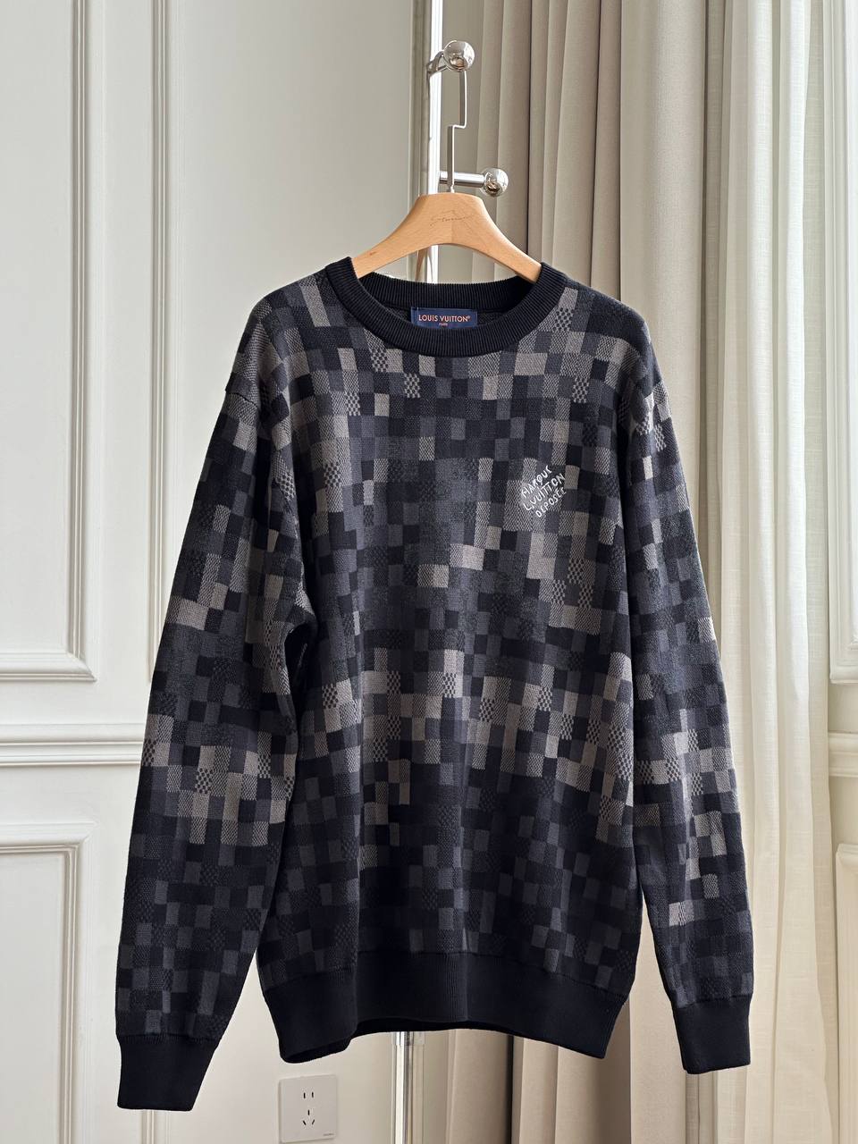 Louis Vuitton Black Grey Gradient Pixel Damier Crew Neck Knit Sweater