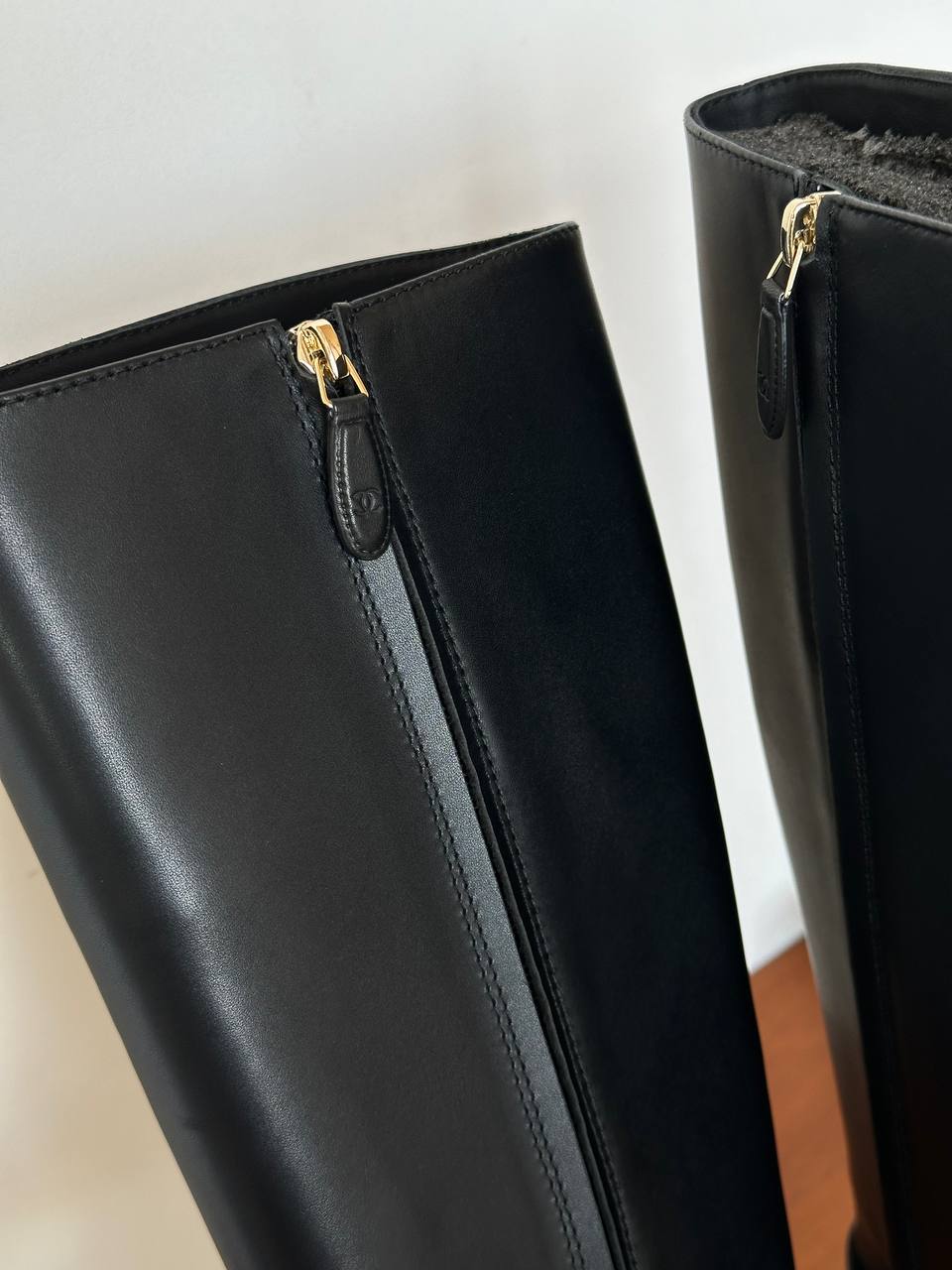 Chanel Black Polished Leather CC Metal Buckle Block Heel Straight Tall Riding Boots