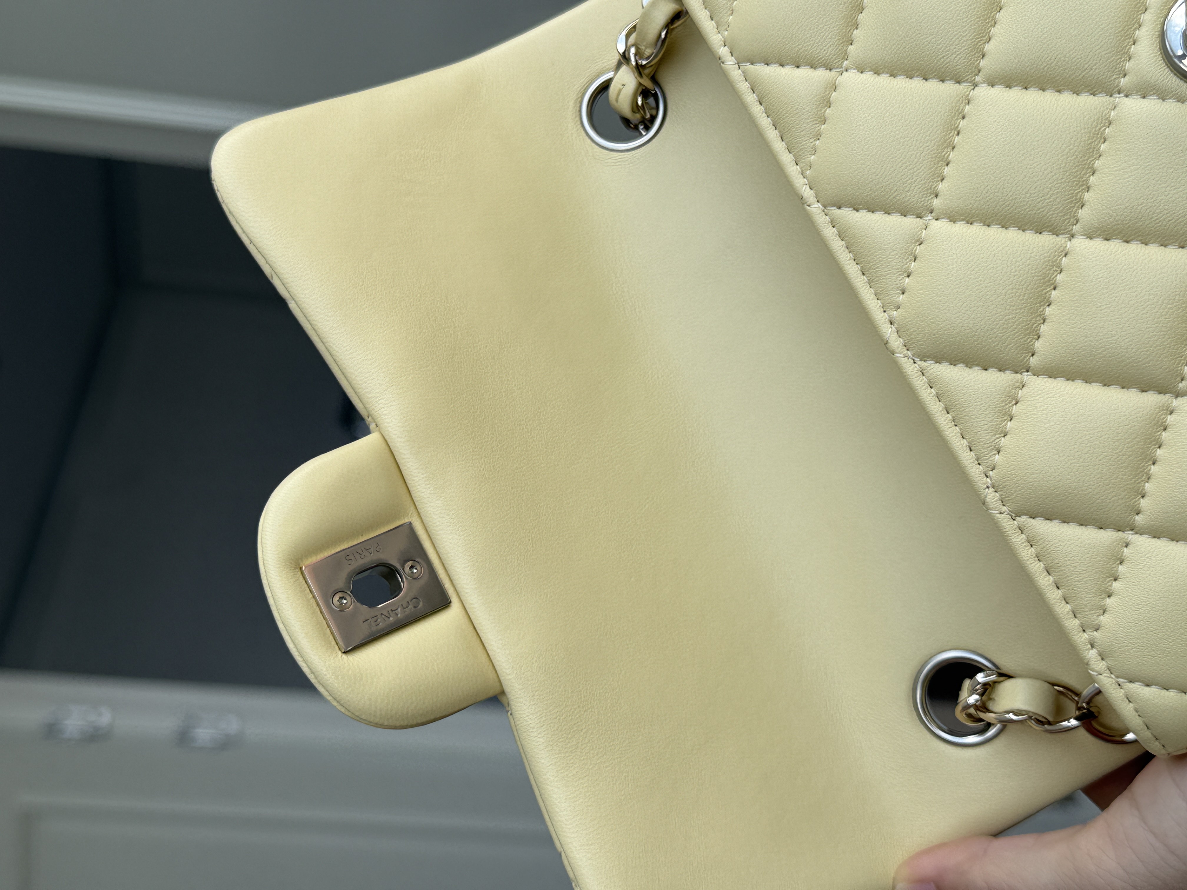 Chanel Cream Yellow Caviar Leather Classic Flap Silver CC Chain Bag