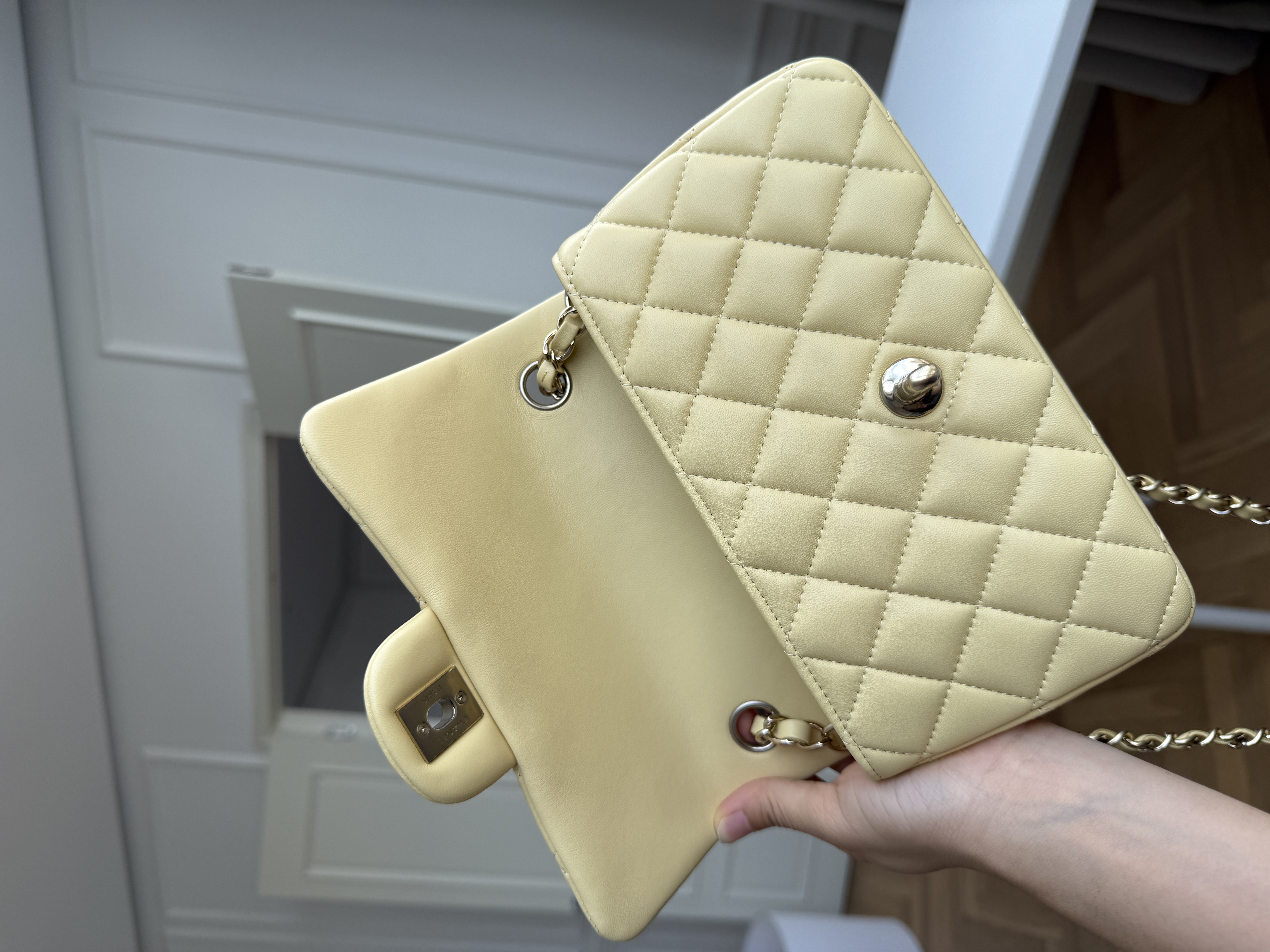 Chanel Cream Yellow Caviar Leather Classic Flap Silver CC Chain Bag