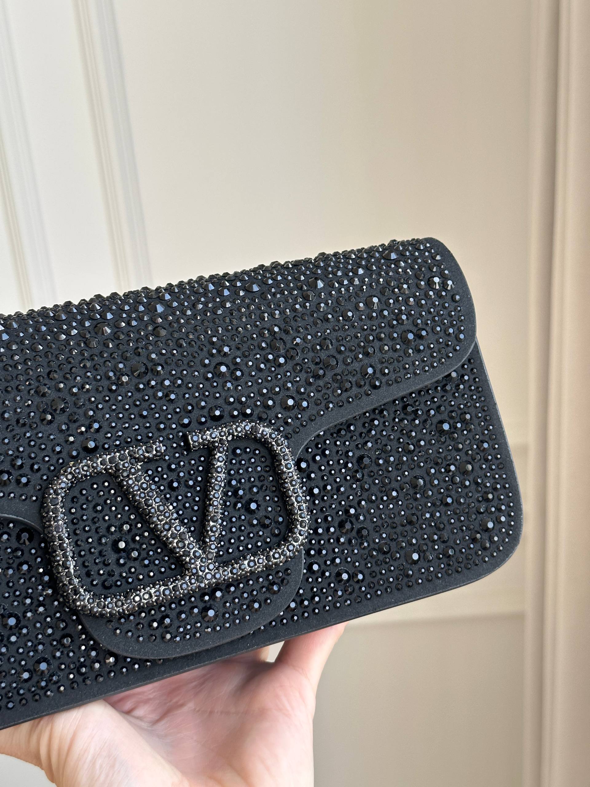 Valentino Black Full Crystal VLogo Flap Baguette Shoulder Bag