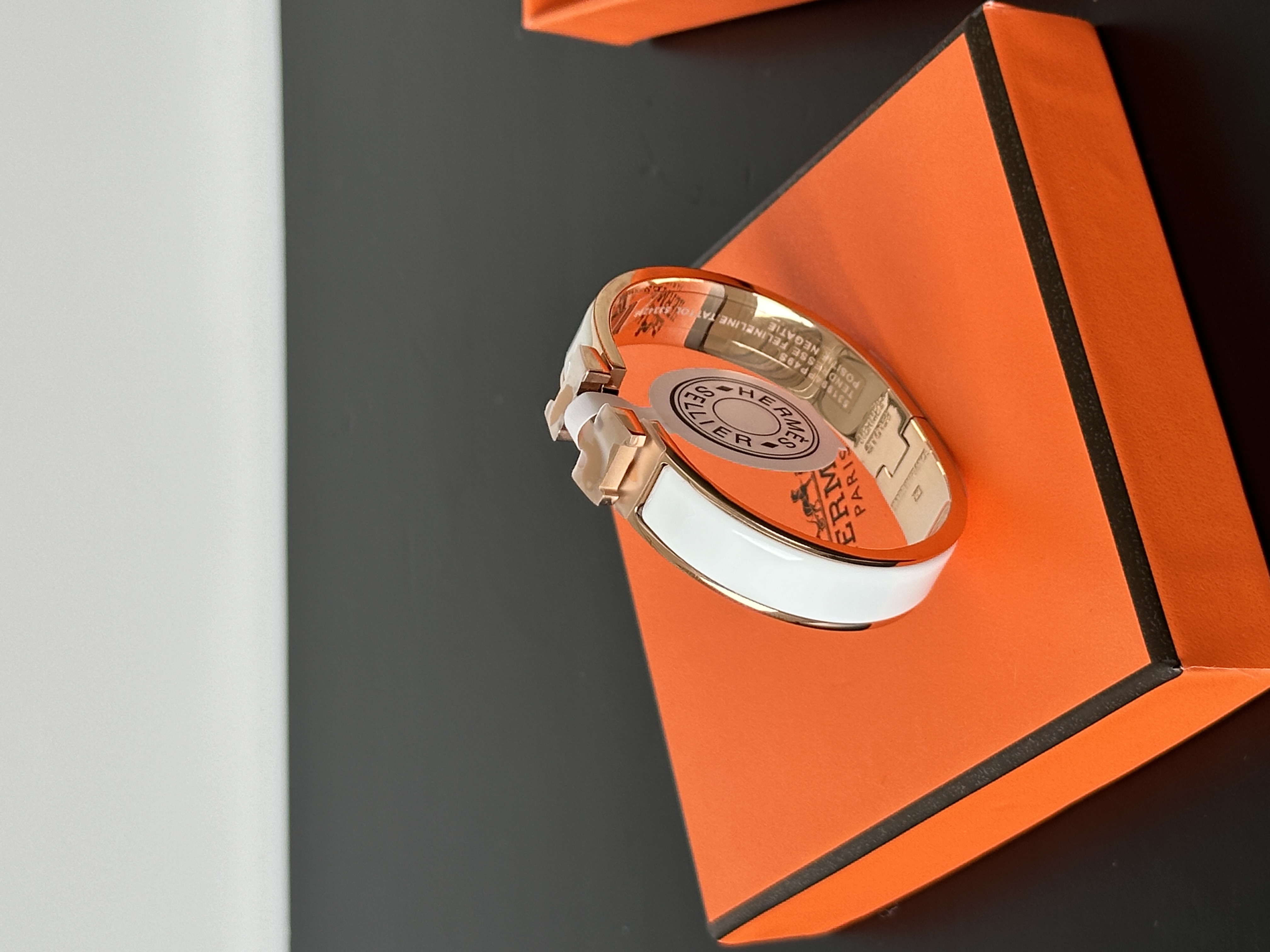 Hermès Clic H White Enamel Rose Gold H Buckle Narrow Bangle