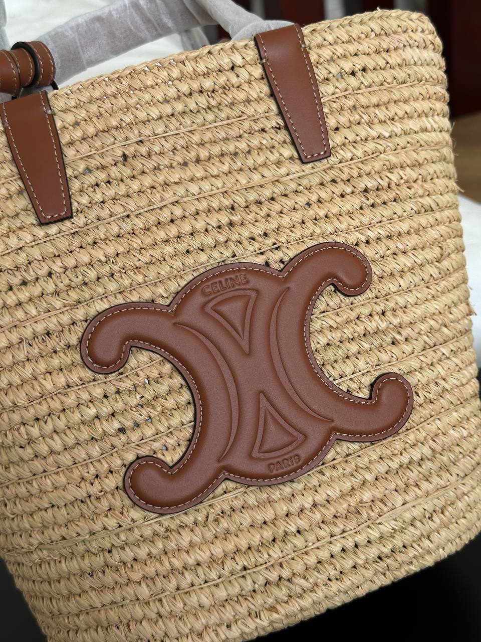 Celine Raffia Tote Bag with Triomphe Leather Patch