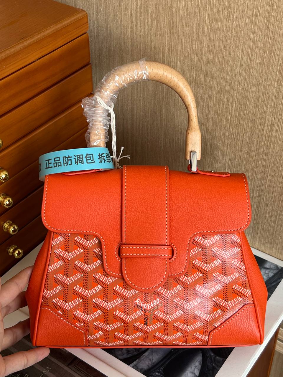 Goyard Orange Goyardine Saigon Handbag with Wooden Handle