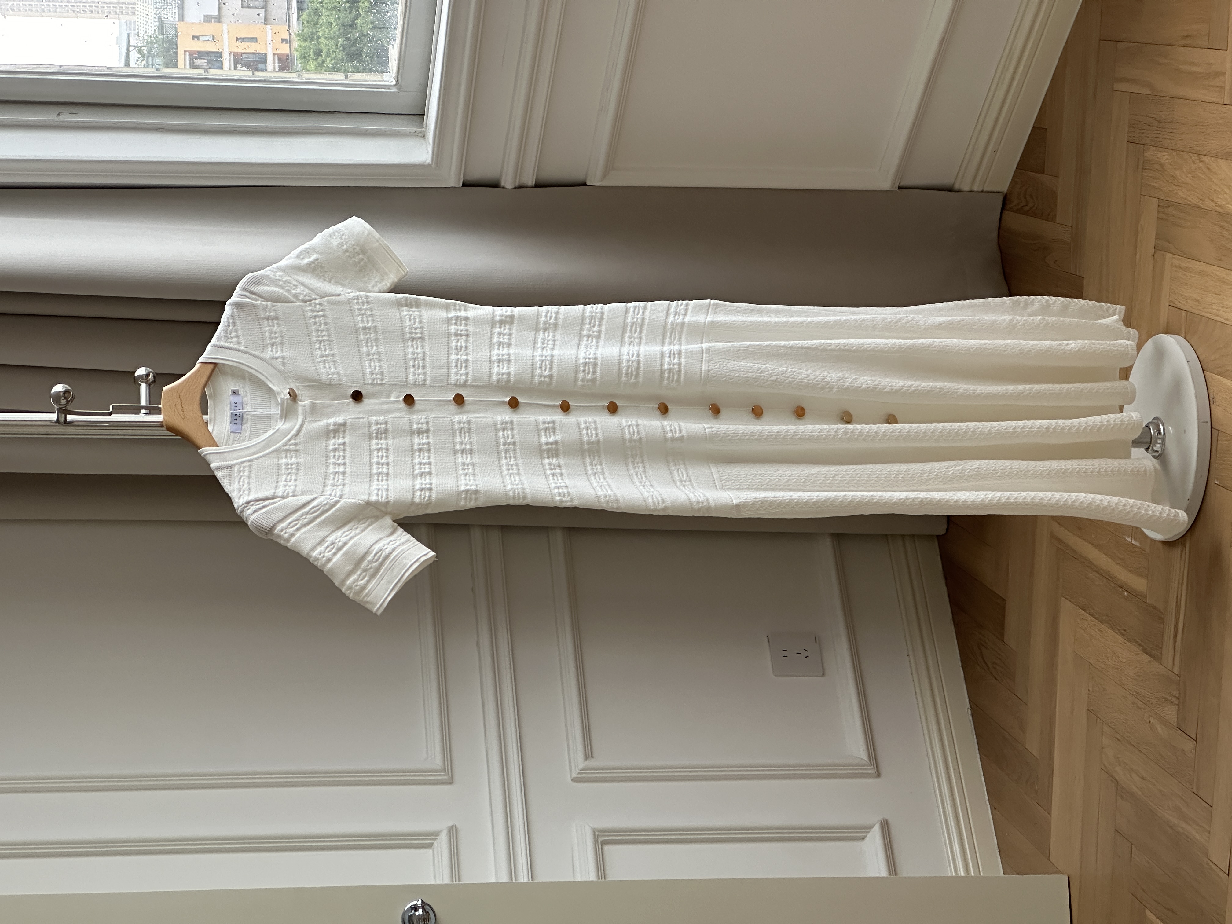 Sandro White Horizontal Jacquard Crew Neck Short-sleeve Knit Dress