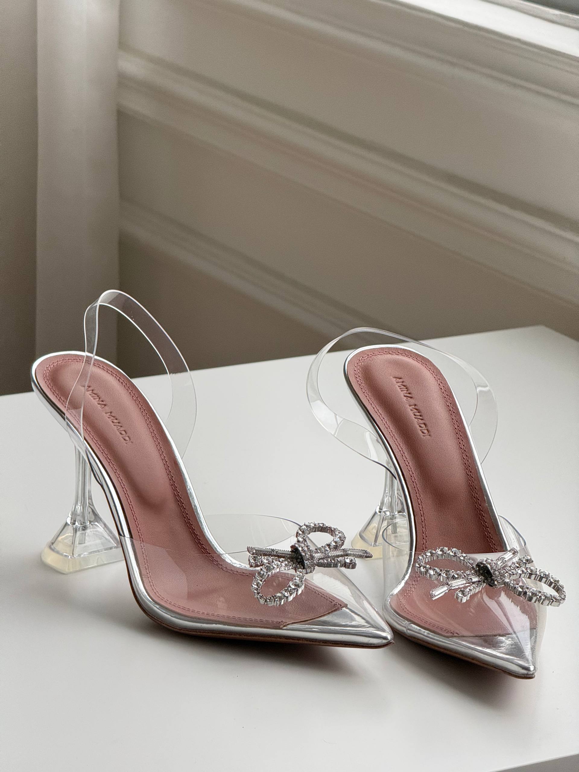 Clear PVC Pointed Toe Rhinestone Bow Crystal Heel Slingback Pumps