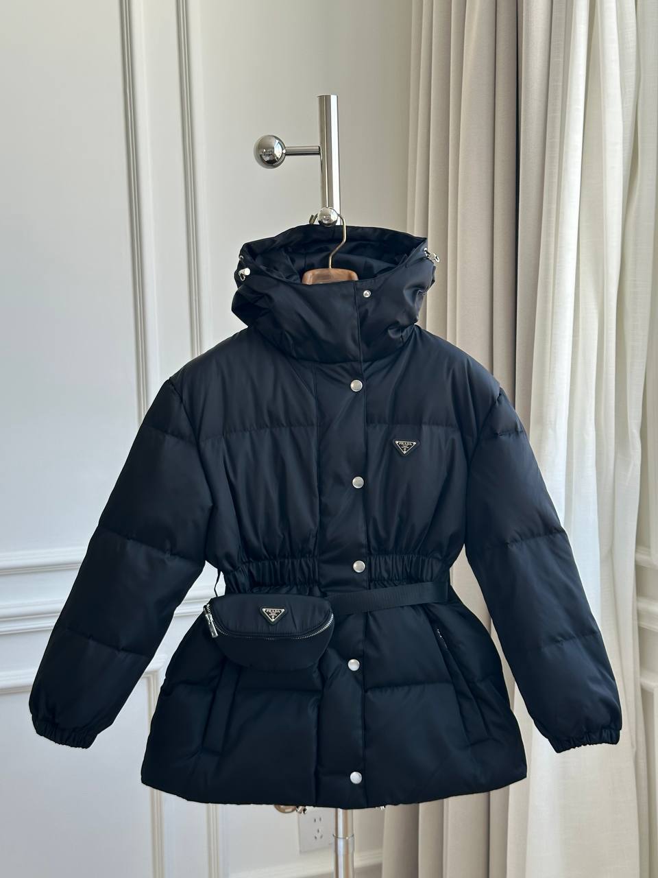 Prada Black Windproof Nylon Hooded Drawstring Waist Triangle Logo Mid-Length Down Jacket With Matching Waist Bag