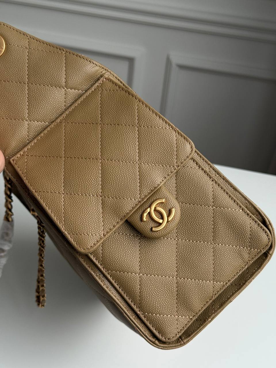 Chanel 25 Caramel Caviar Quilted Drawstring Bucket Bag