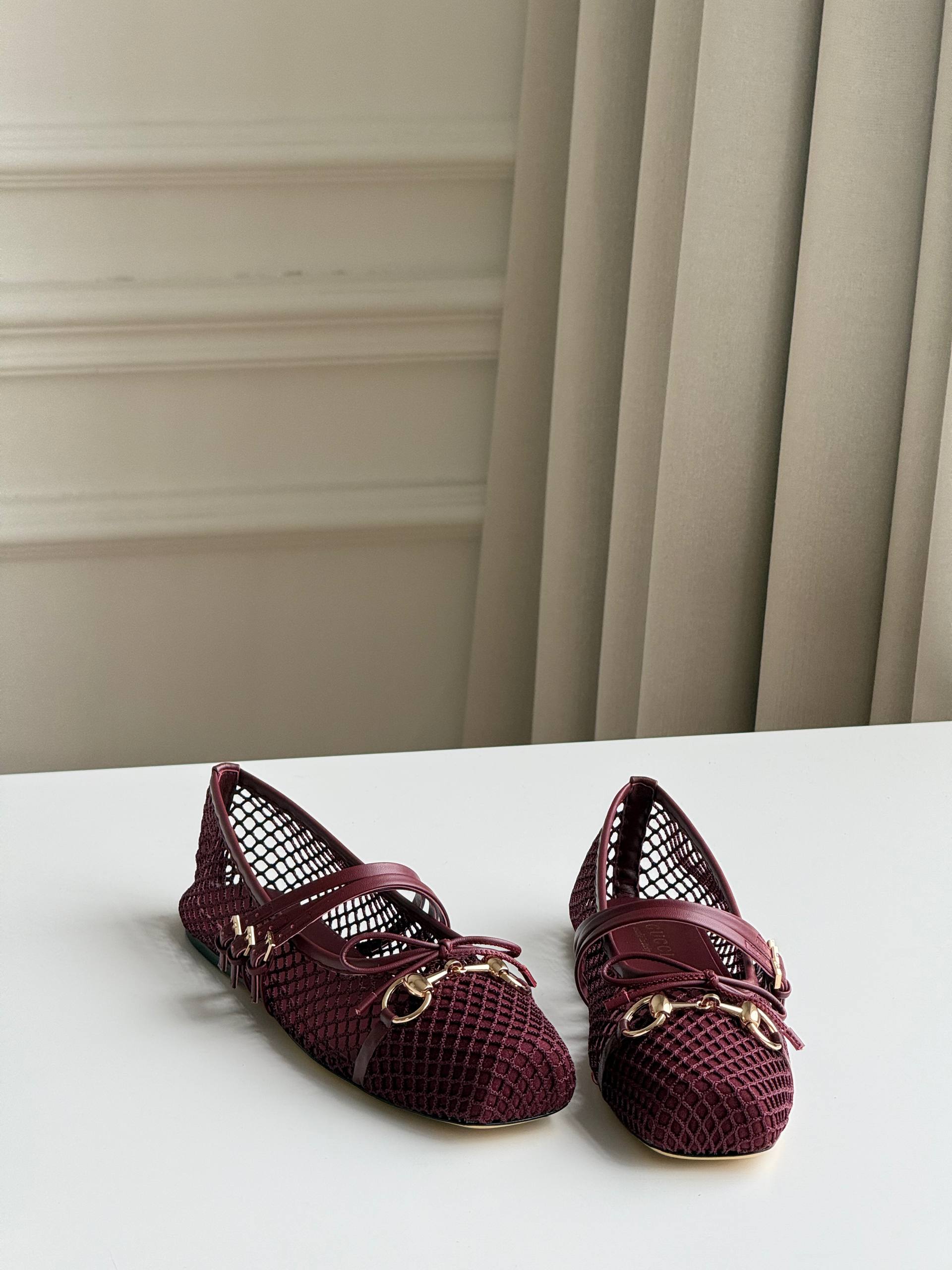 Gucci Horsebit Burgundy Mesh Spliced Ballet Flats