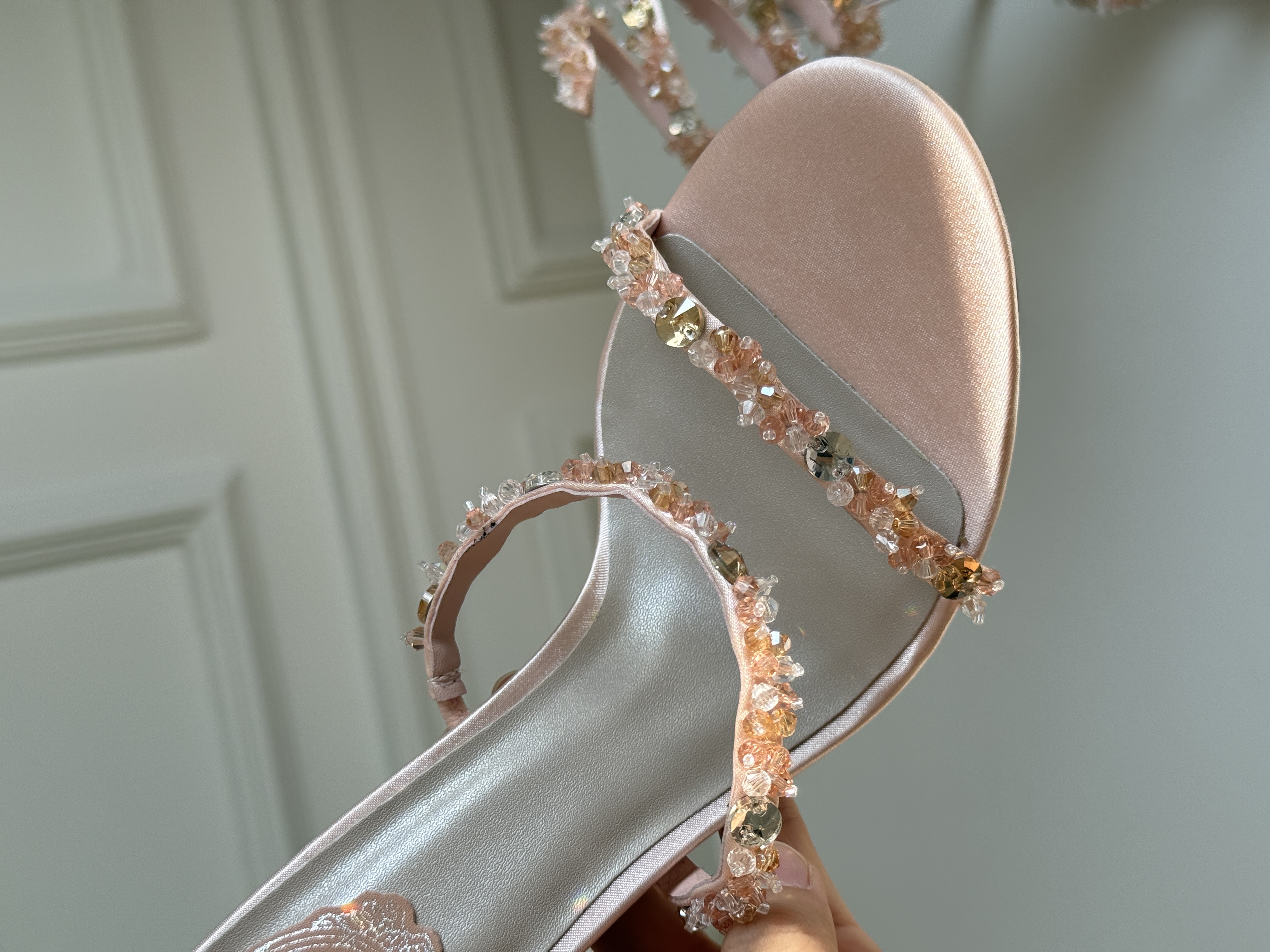 Nude Pink Spiral Ankle Wrap Hand-Beaded Crystal Open Toe Stiletto Sandals