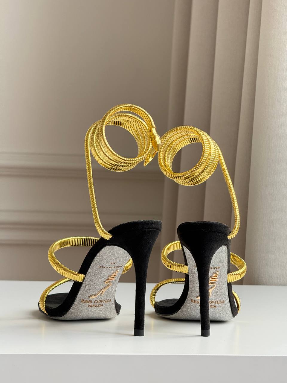 René Caovilla Cleo Gold Metallic Serpent Wrap-Around Stiletto Sandals