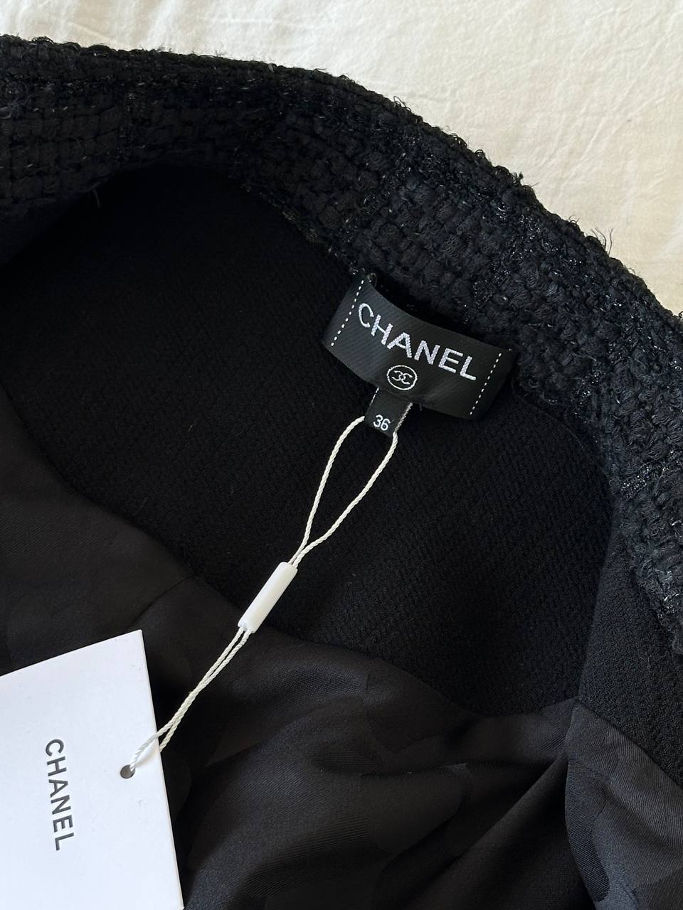 Chanel Black Tweed Spliced Stand Collar Cropped Bomber Jacket