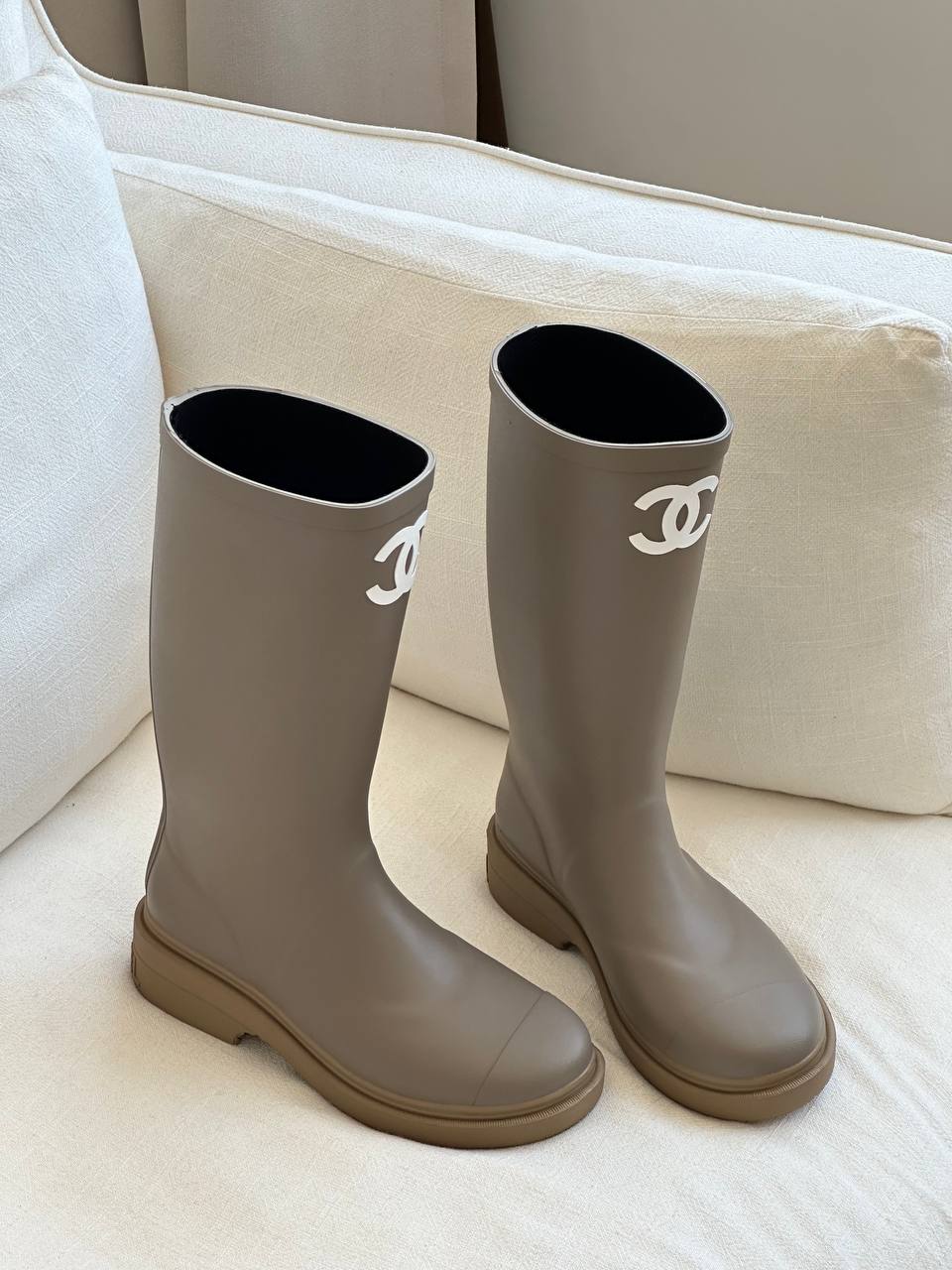 Chanel Milk Tea Tall Rubber Rain Boots With Interlocking CC Logo