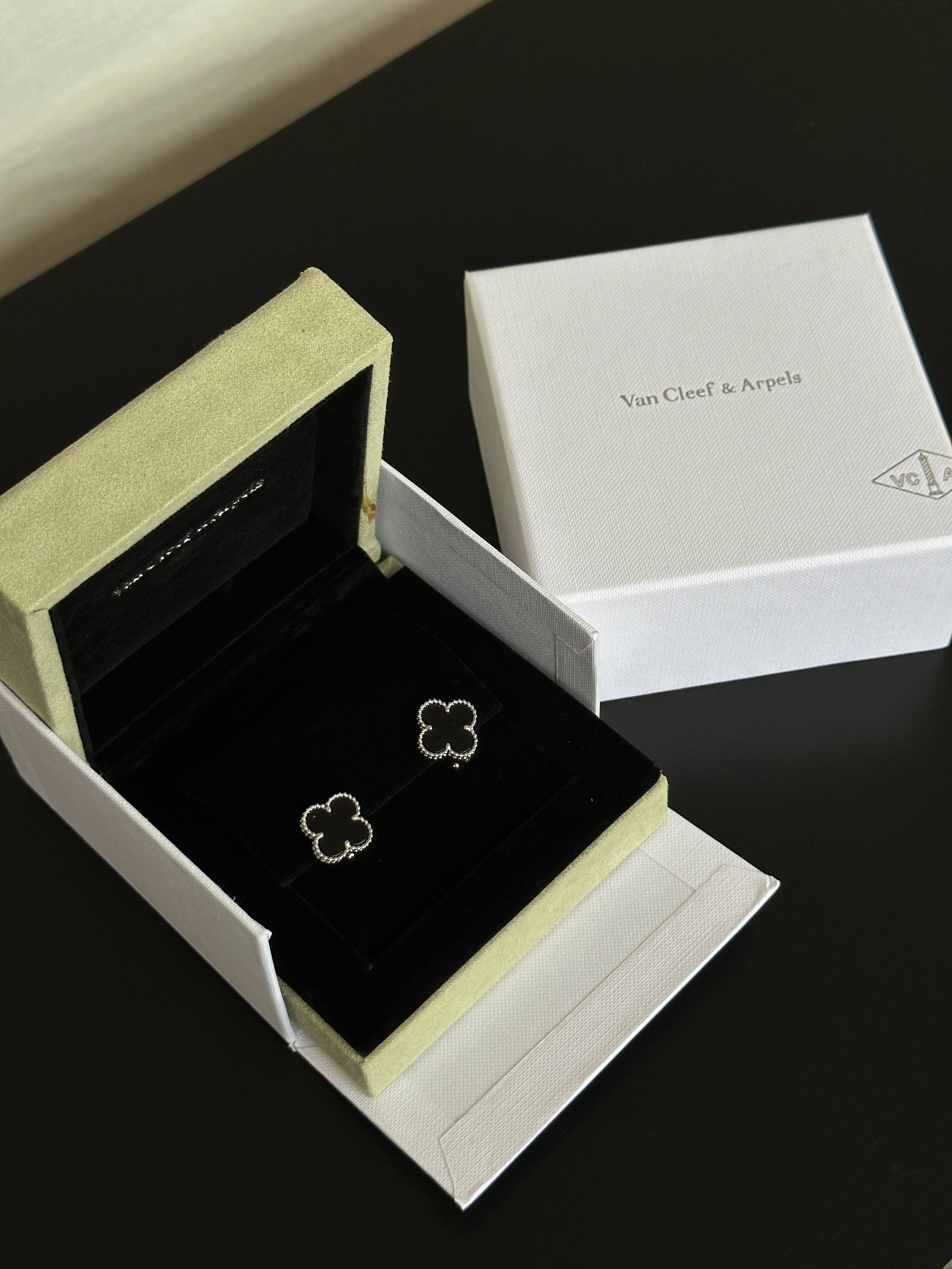 Van Cleef & Arpels Silver Beaded Border Onyx Four Leaf Clover Stud Earrings