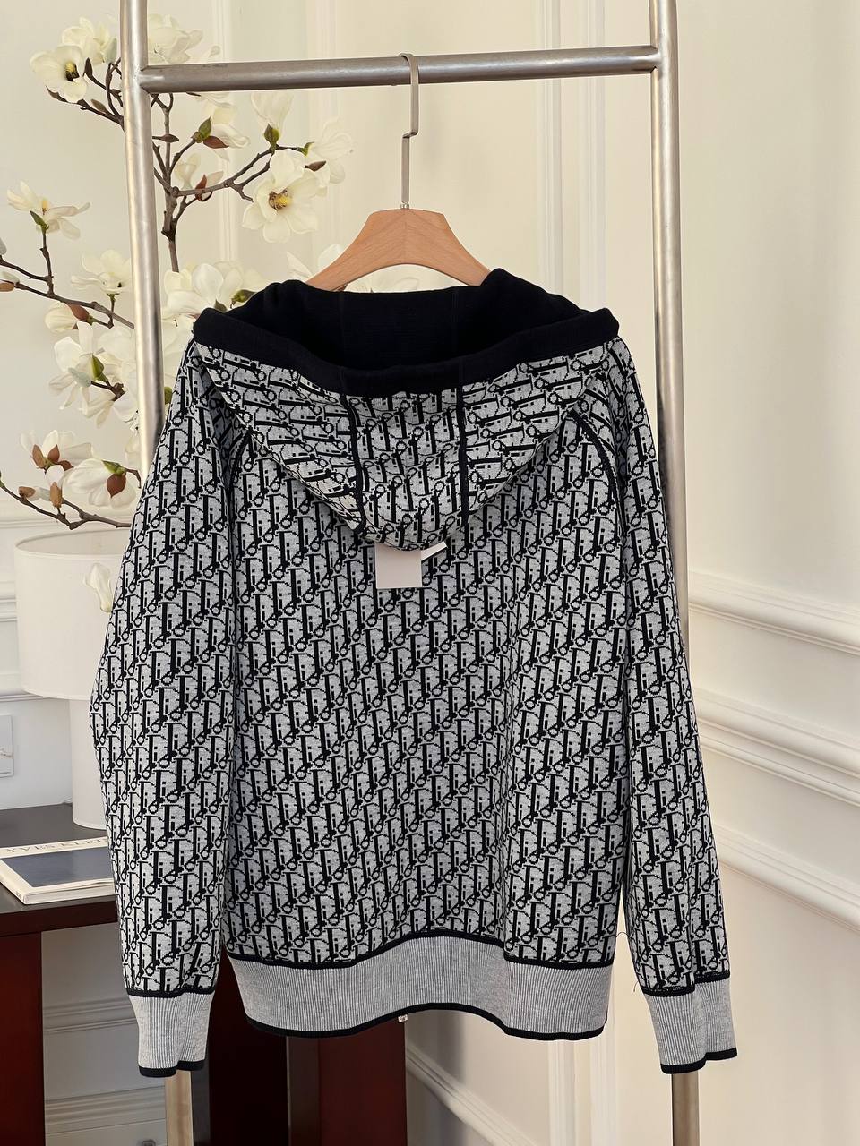 Dior Black and White All-over Print Hooded Zip Jacket