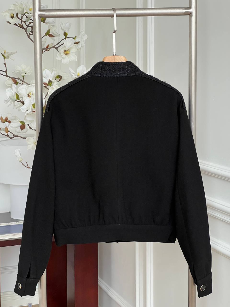 Chanel Black Woven Fabric Jacket With Tweed Splicing, Stand Collar, Four Pockets & Metal Buttons