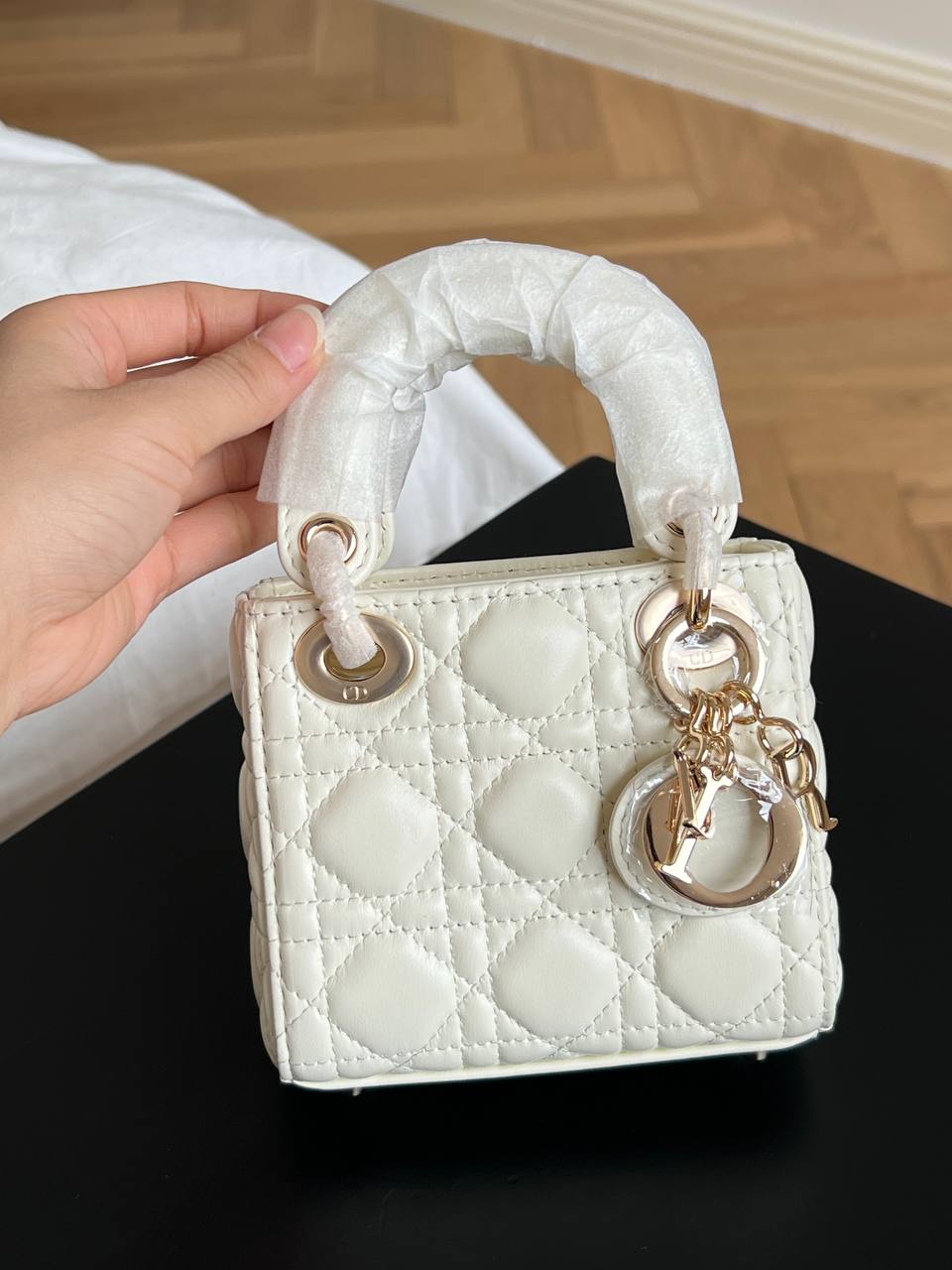 Dior Cream Lambskin Cannage Mini Lady Dior Handbag With Light Gold Hardware